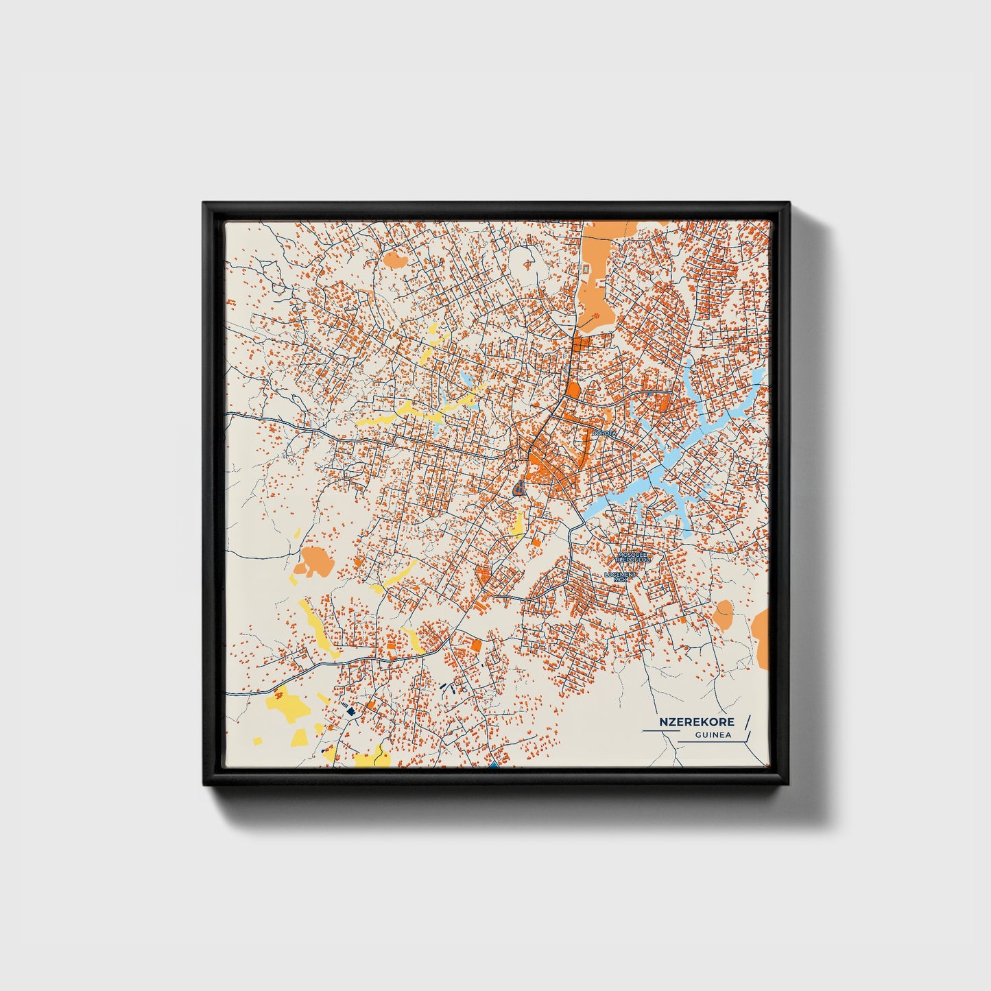 Nzerekore Guinea Colorful City Map Canvas Print • Black Framed