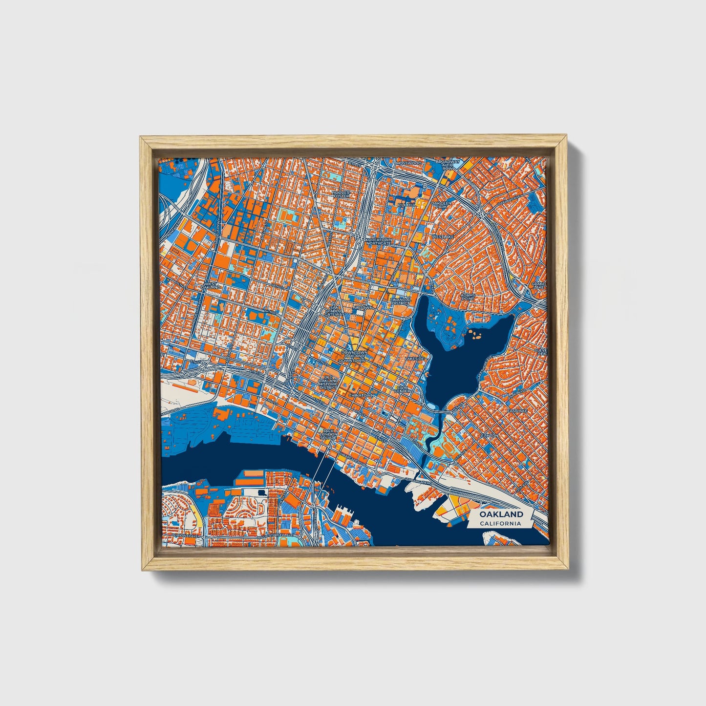 Oakland California Colorful City Map Canvas Print • Natural Wooden Framed