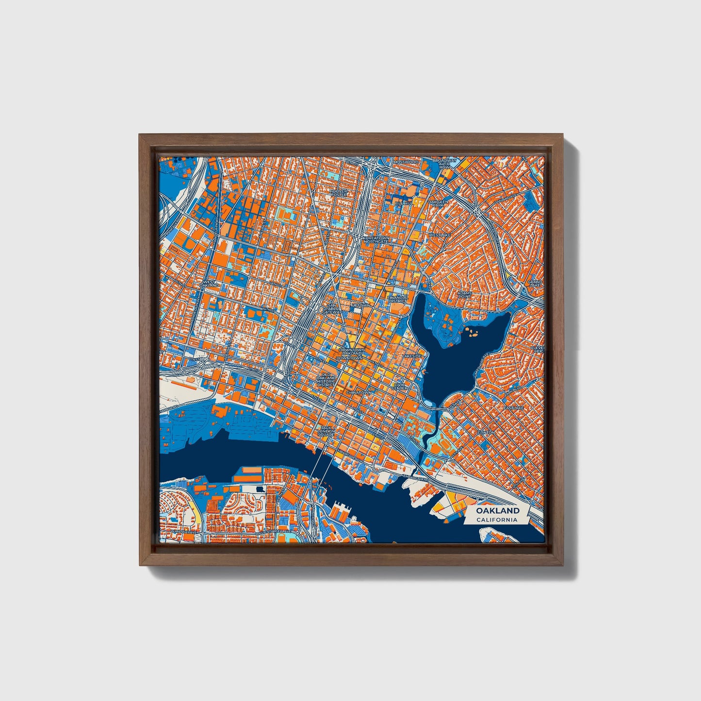 Oakland California Colorful City Map Canvas Print • Dark Wooden Framed
