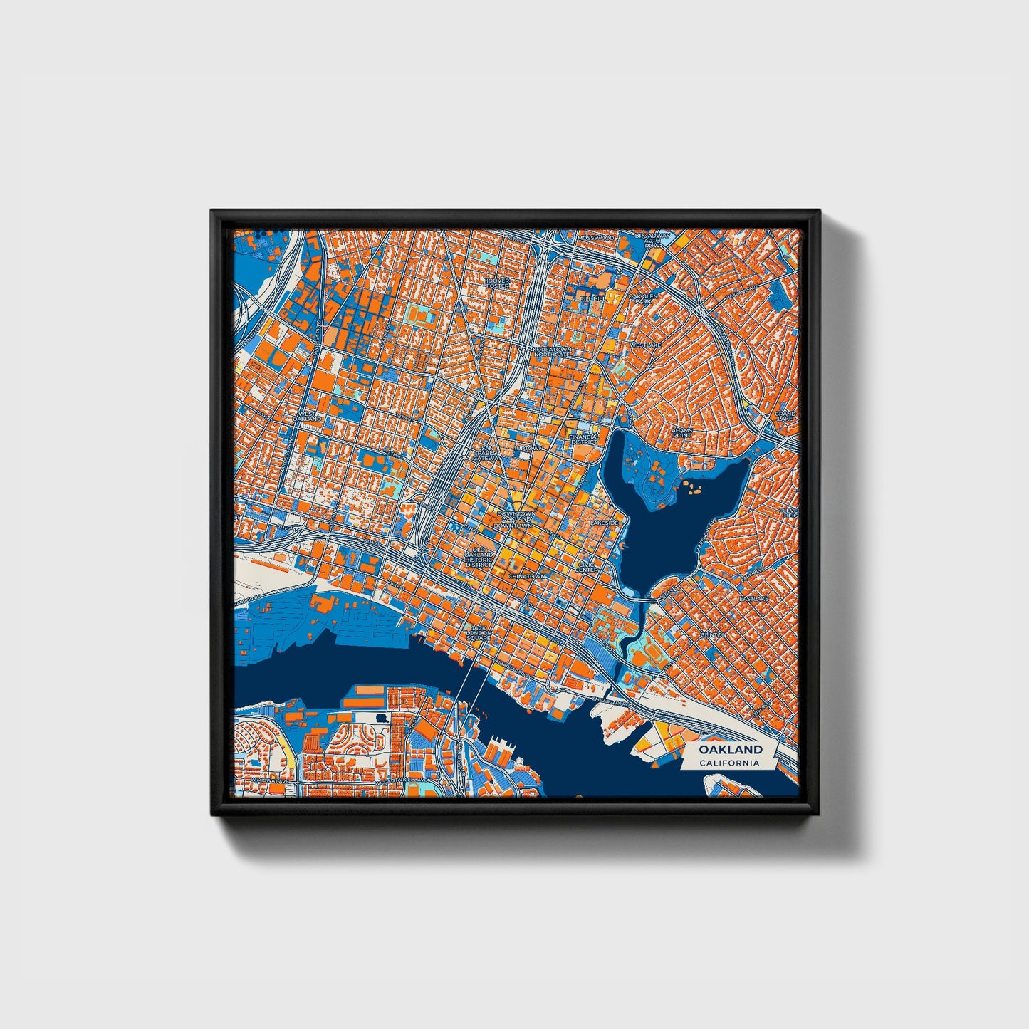 Oakland California Colorful City Map Canvas Print • Black Framed