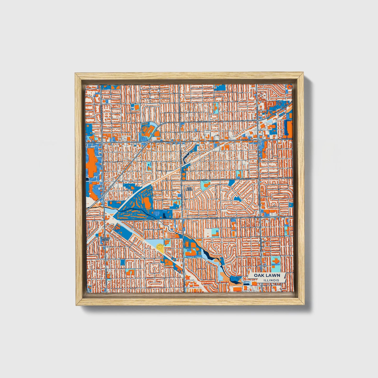Oak Lawn Illinois Colorful City Map Canvas Print • Natural Wooden Framed