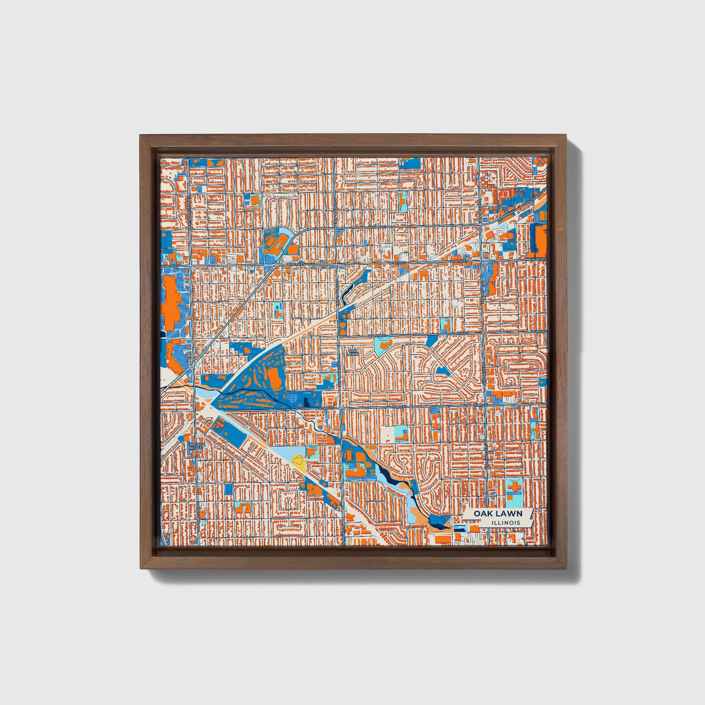 Oak Lawn Illinois Colorful City Map Canvas Print • Dark Wooden Framed