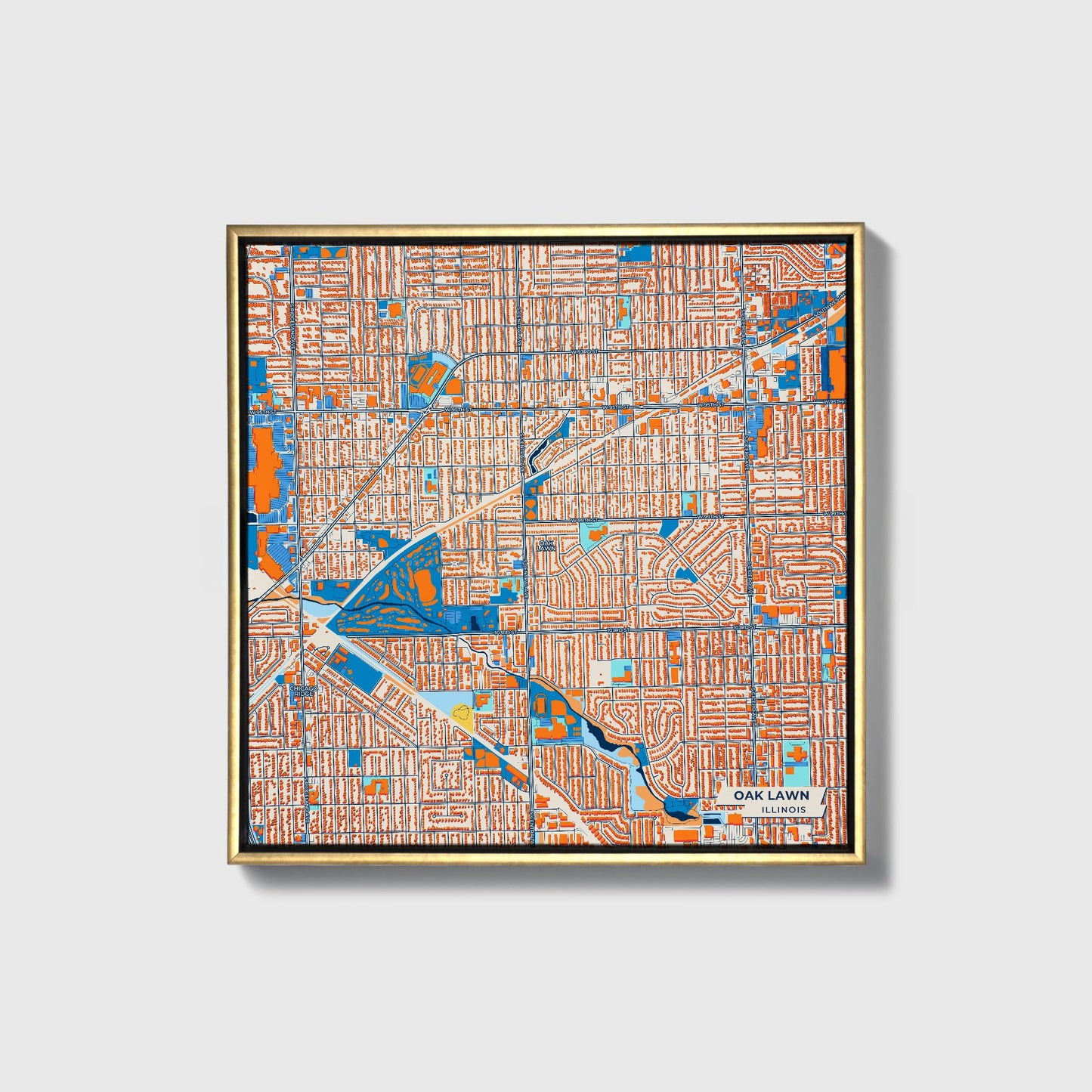 Oak Lawn Illinois Colorful City Map Canvas Print • Gold Framed