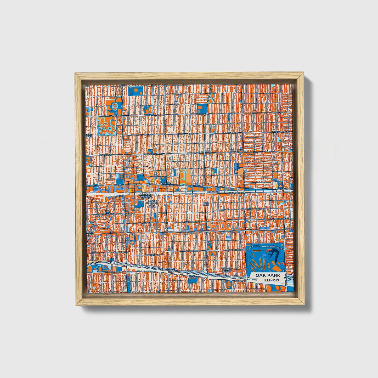 Oak Park Illinois Colorful City Map Canvas Print • Natural Wooden Framed