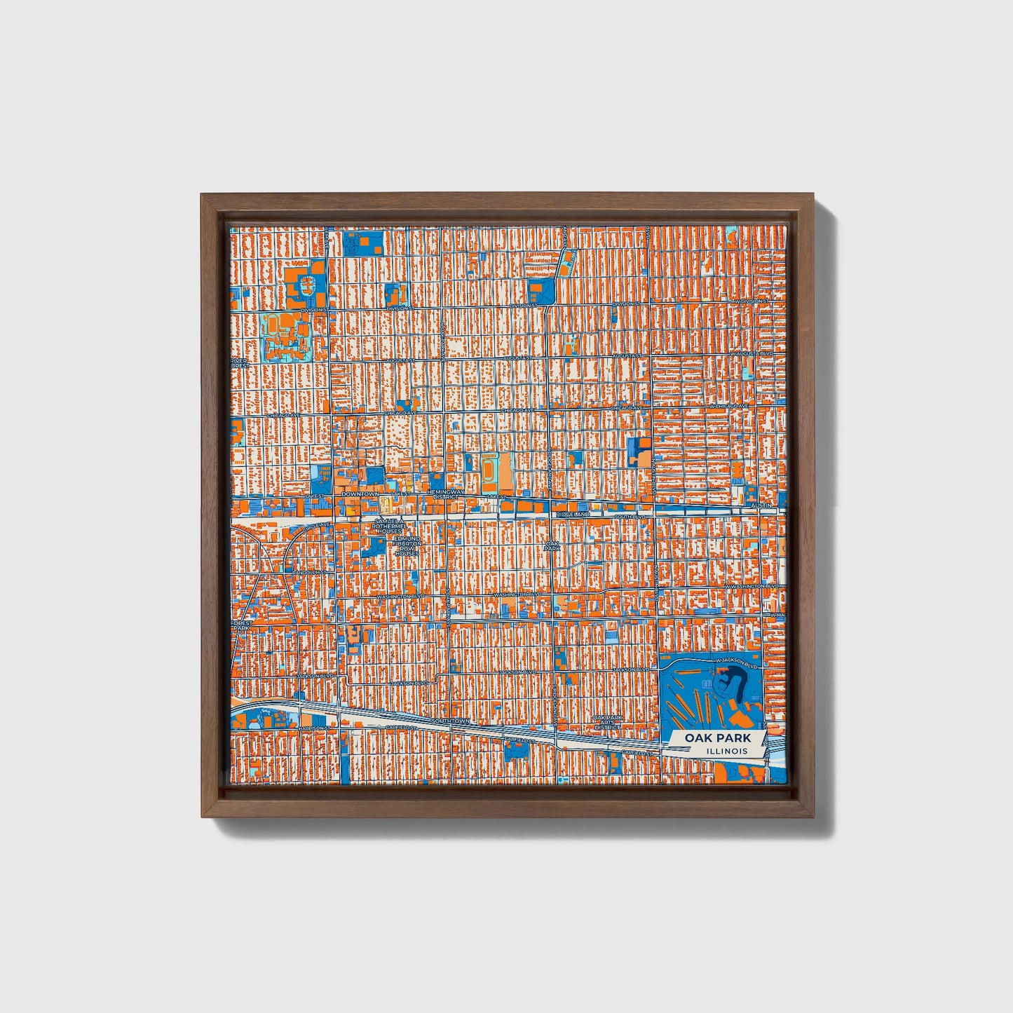 Oak Park Illinois Colorful City Map Canvas Print • Dark Wooden Framed