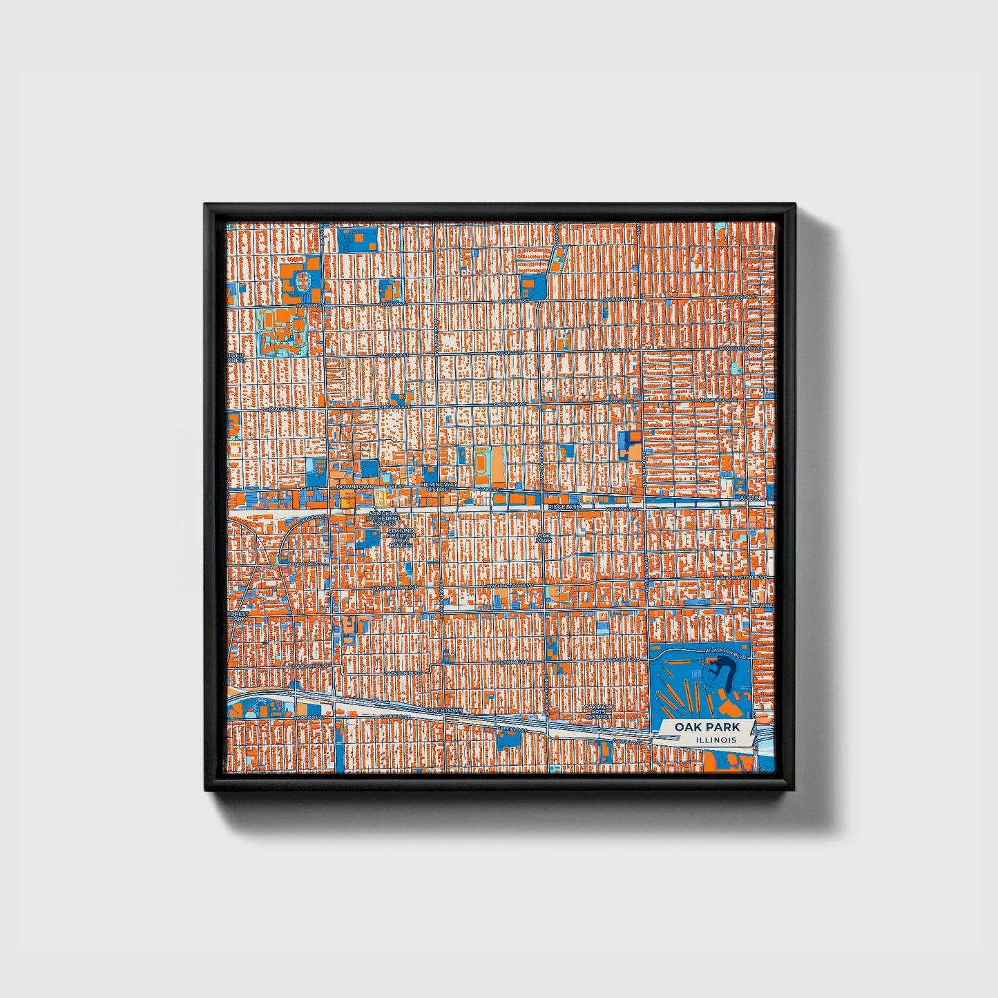 Oak Park Illinois Colorful City Map Canvas Print • Black Framed