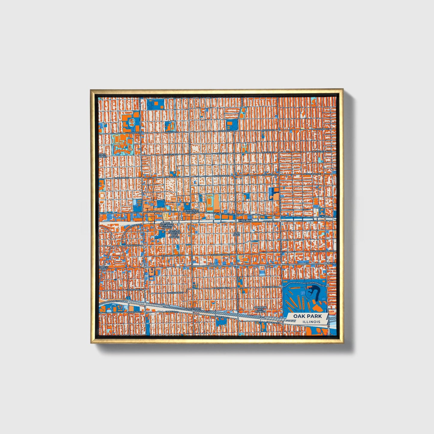 Oak Park Illinois Colorful City Map Canvas Print • Gold Framed