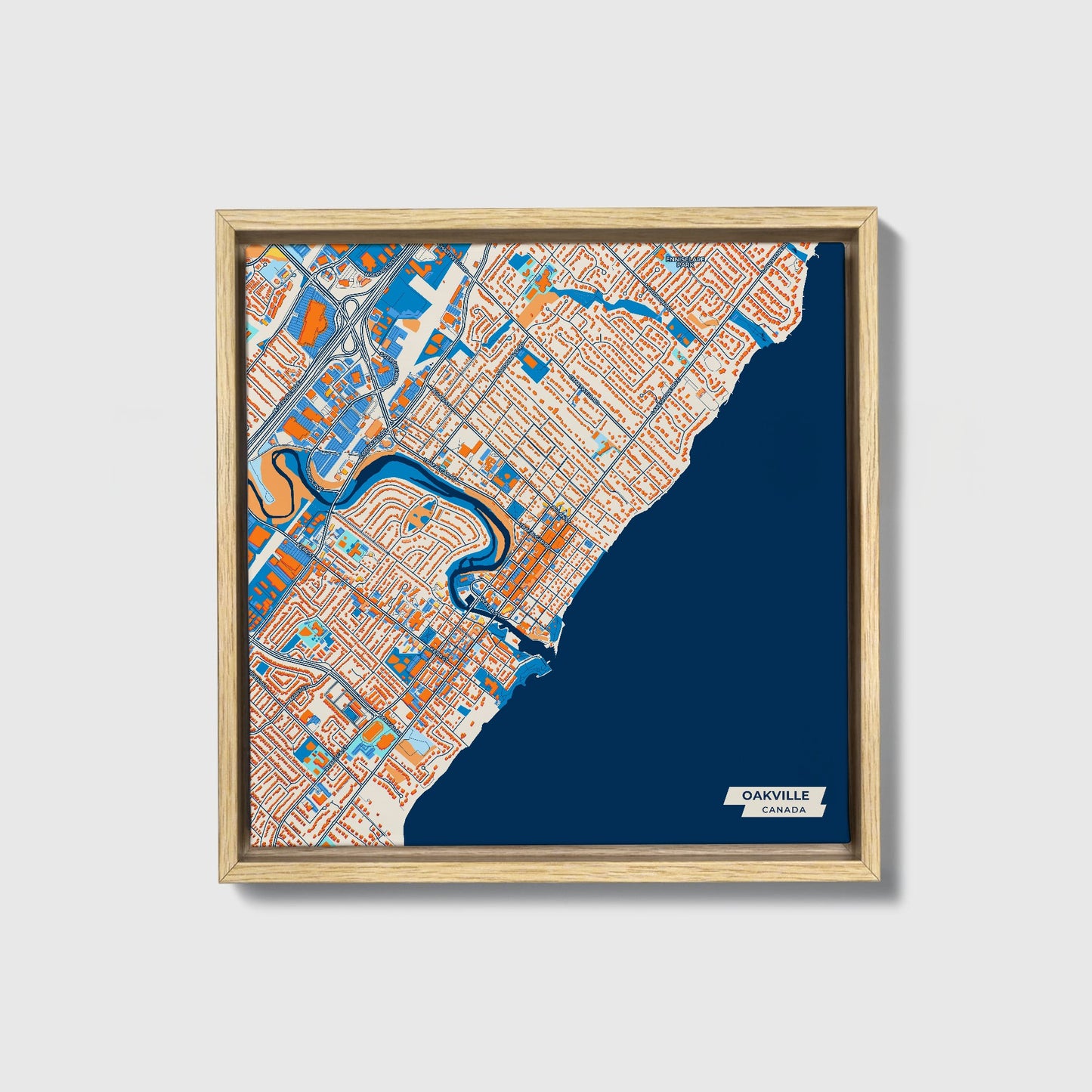 Oakville Canada Colorful City Map Canvas Print • Natural Wooden Framed