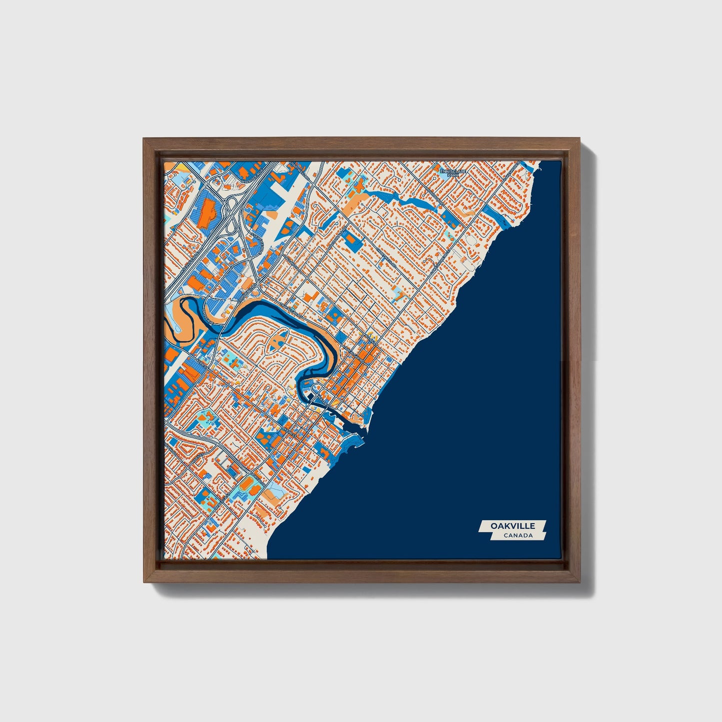 Oakville Canada Colorful City Map Canvas Print • Dark Wooden Framed