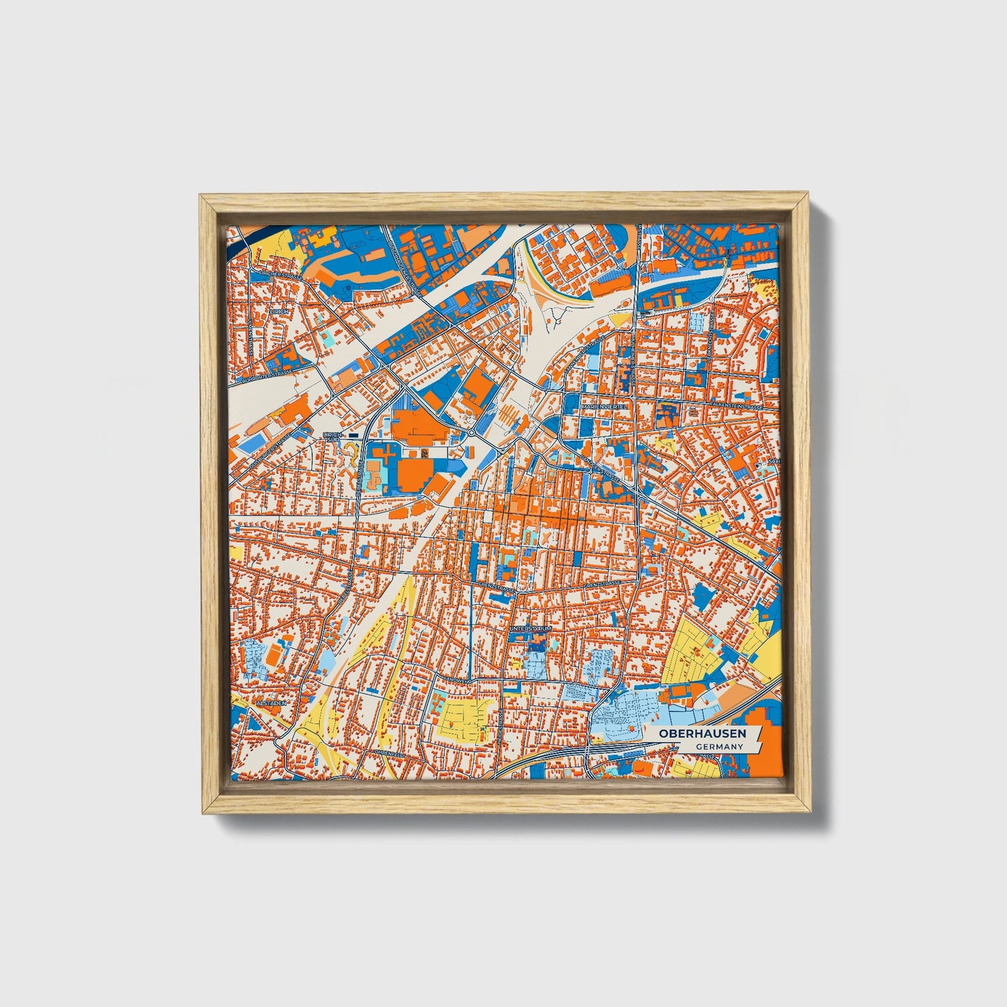 Oberhausen Germany Colorful City Map Canvas Print • Natural Wooden Framed