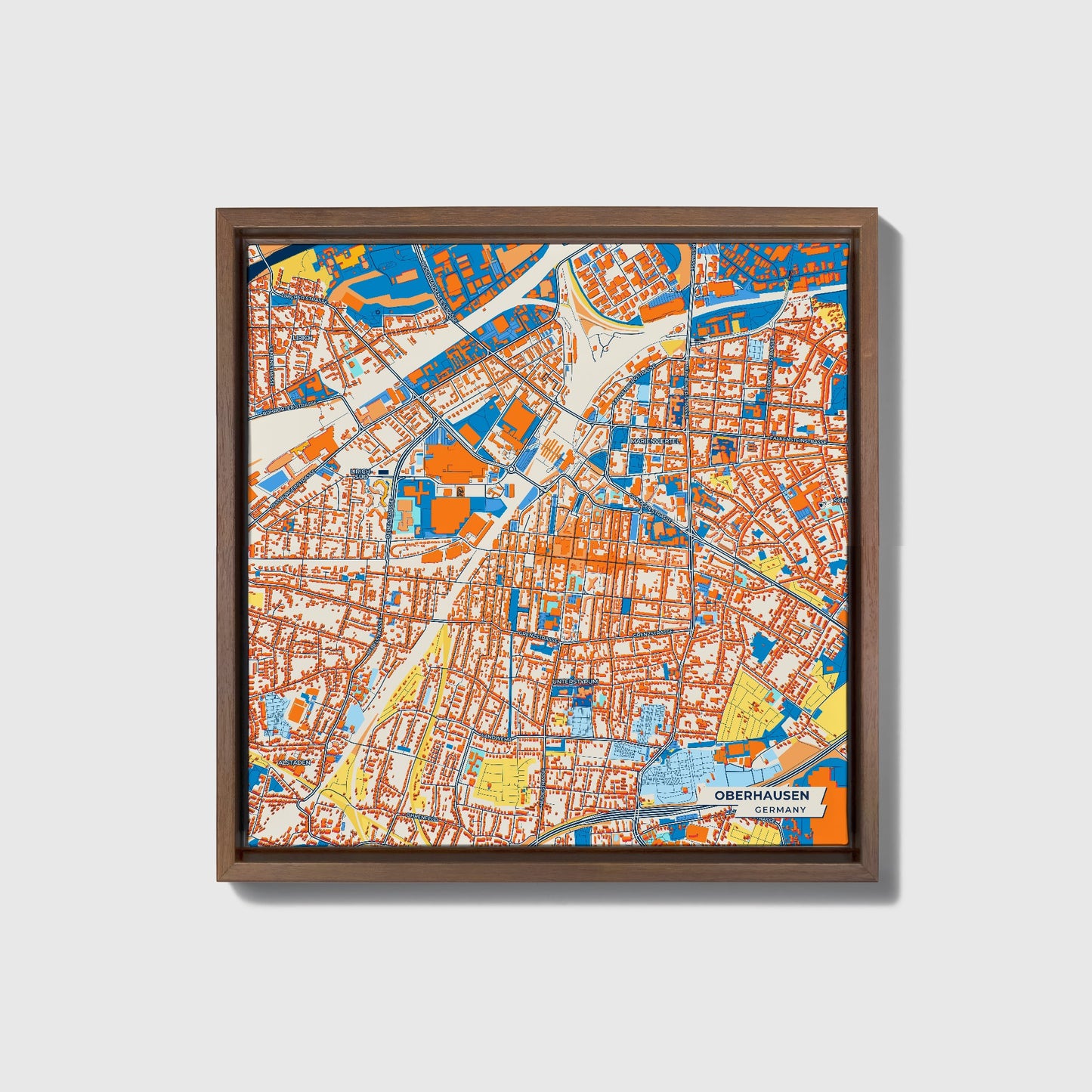 Oberhausen Germany Colorful City Map Canvas Print • Dark Wooden Framed