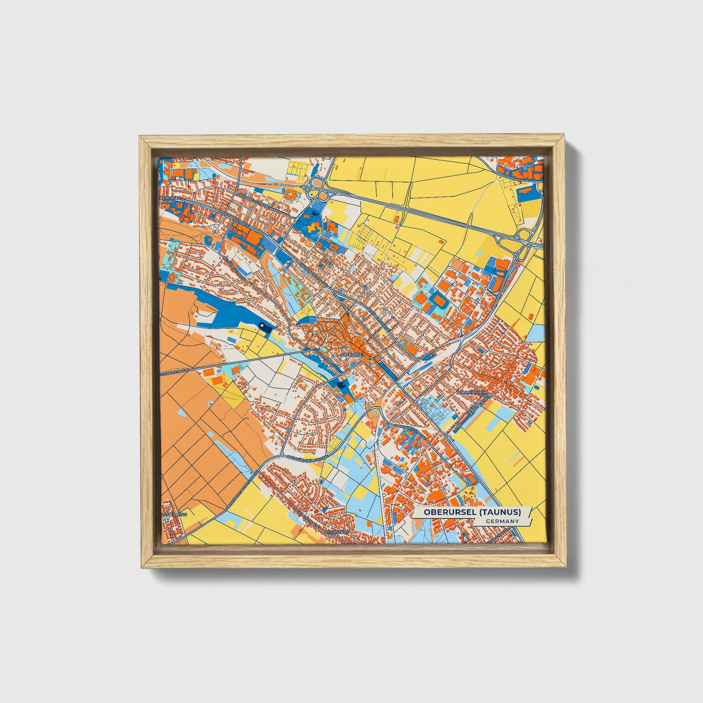 Oberursel (Taunus) Germany Colorful City Map Canvas Print • Natural Wooden Framed