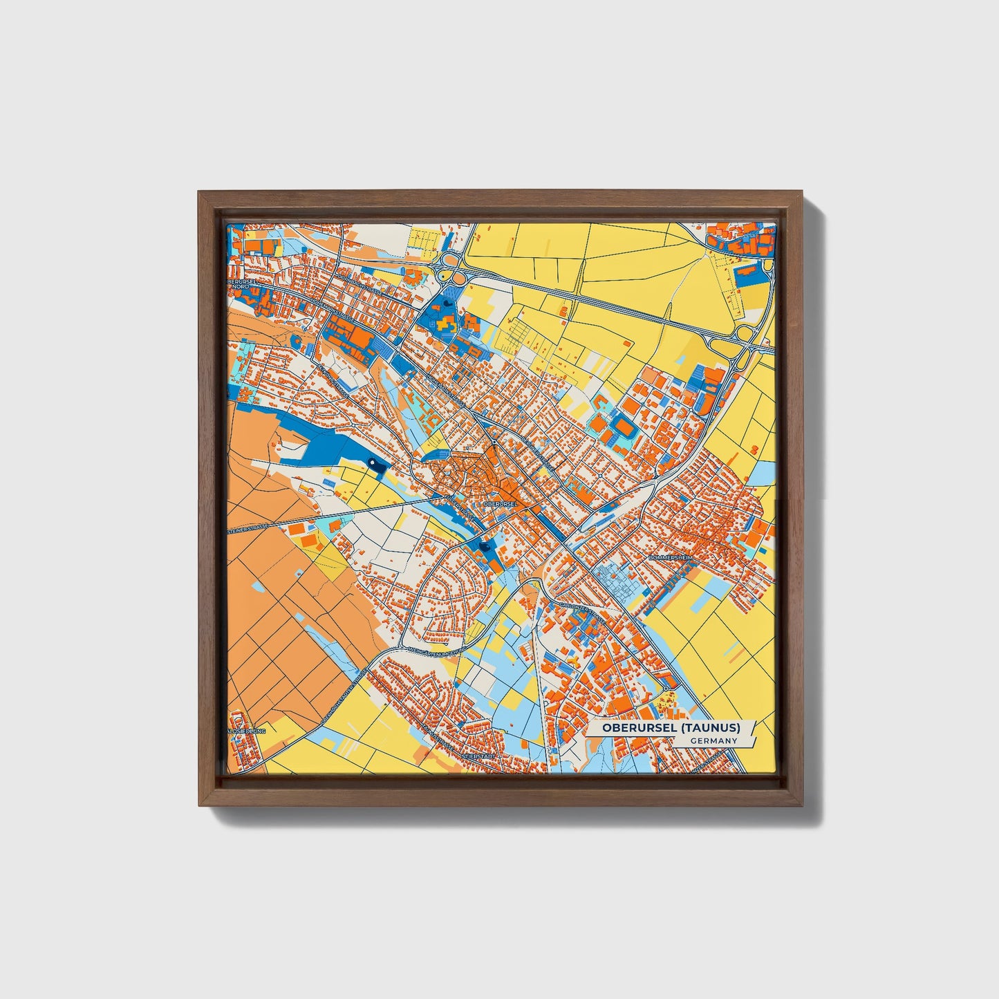 Oberursel (Taunus) Germany Colorful City Map Canvas Print • Dark Wooden Framed
