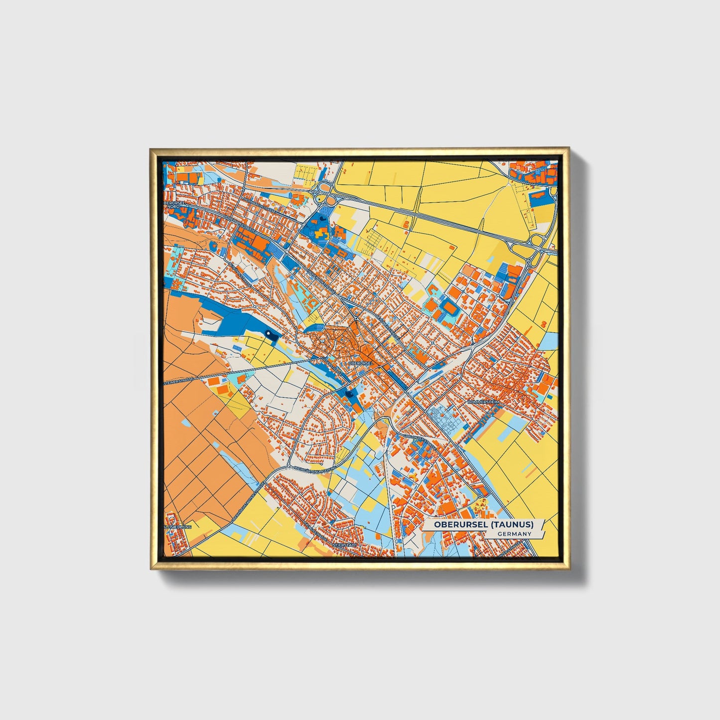 Oberursel (Taunus) Germany Colorful City Map Canvas Print • Gold Framed