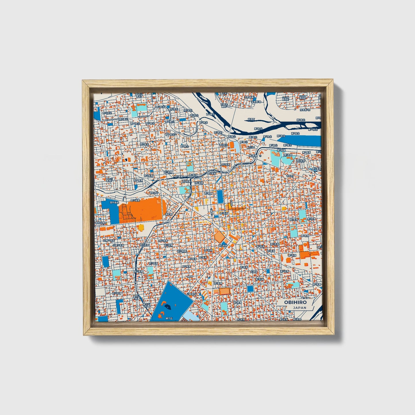 Obihiro Japan Colorful City Map Canvas Print • Natural Wooden Framed