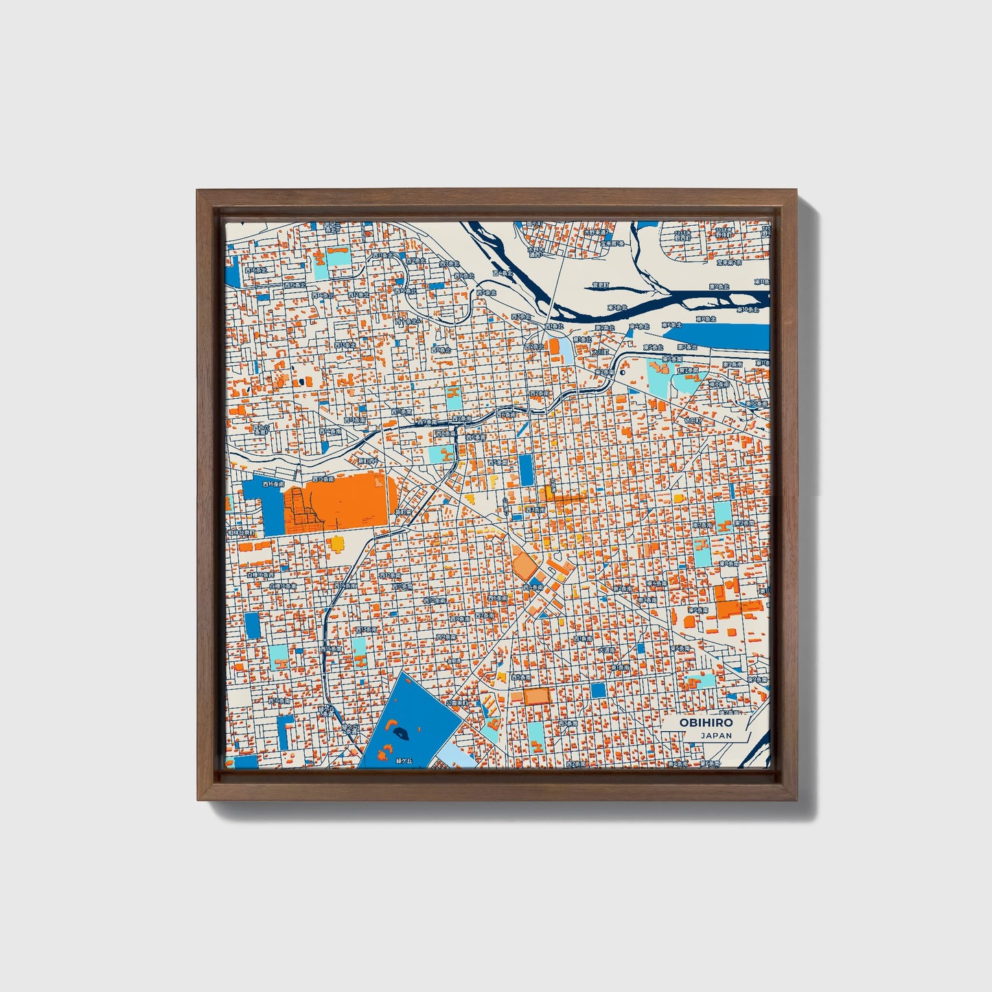 Obihiro Japan Colorful City Map Canvas Print • Dark Wooden Framed