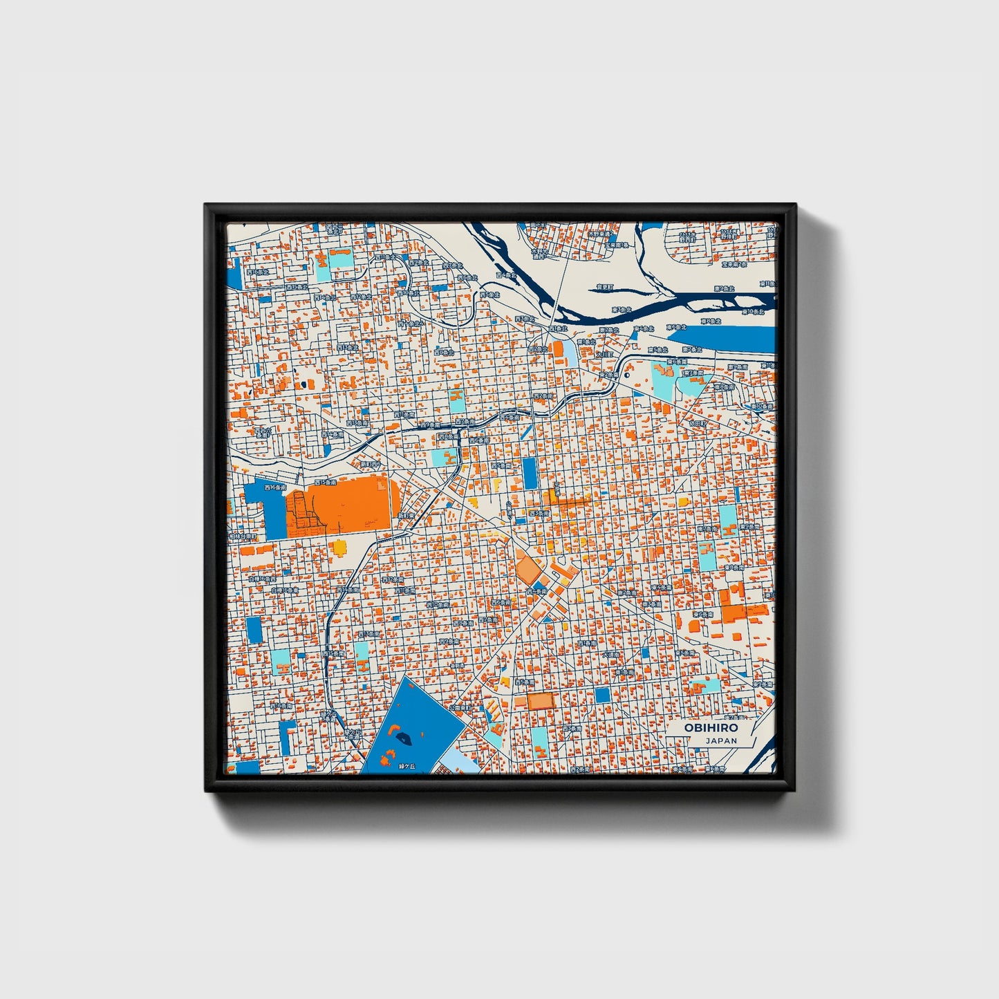 Obihiro Japan Colorful City Map Canvas Print • Black Framed