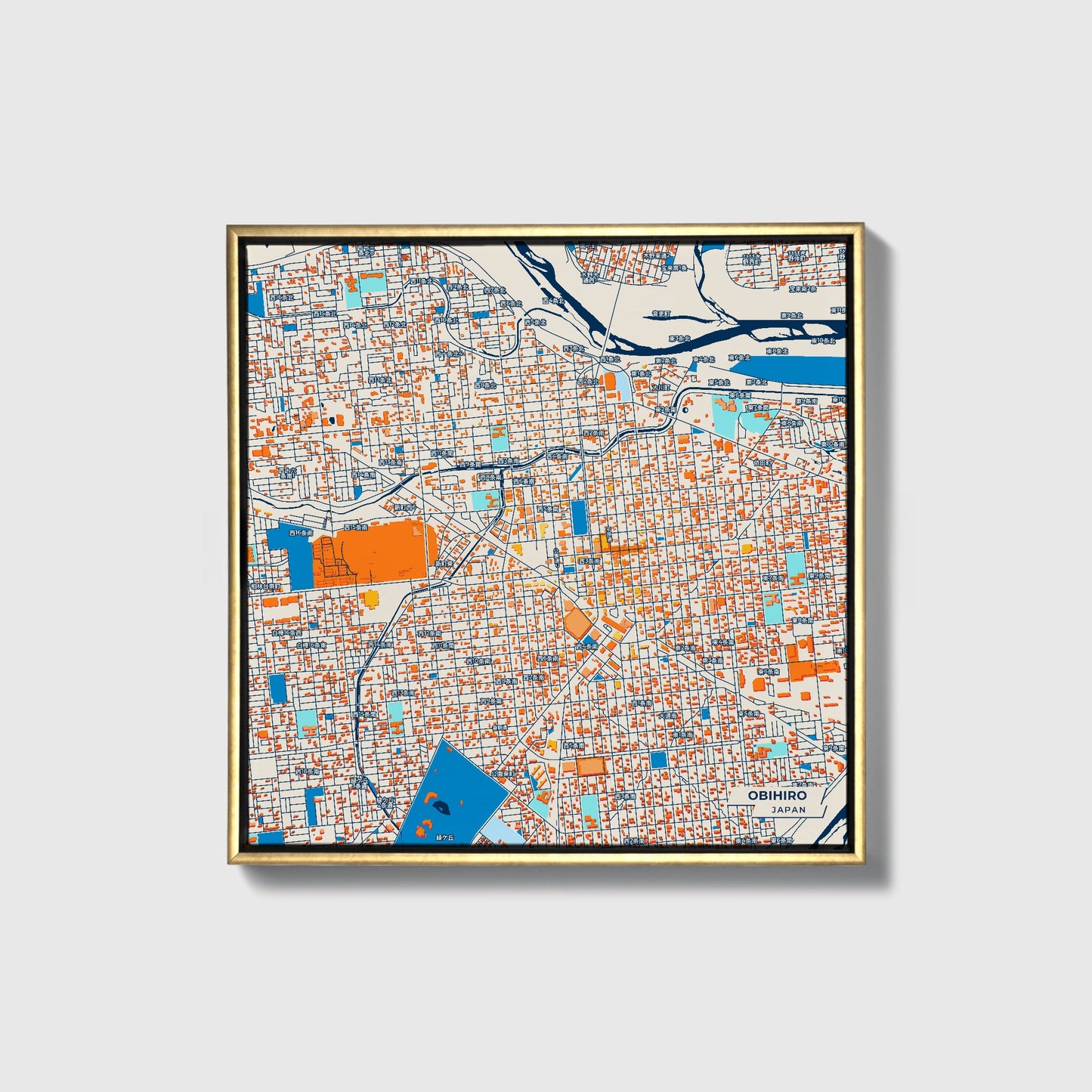 Obihiro Japan Colorful City Map Canvas Print • Gold Framed