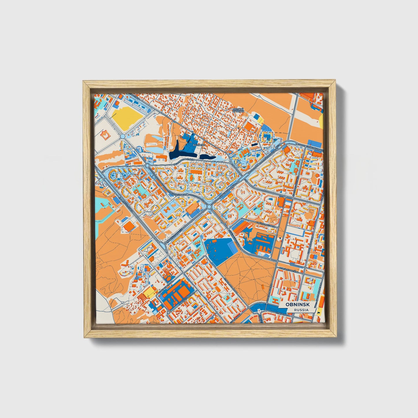 Обнинский Russia Colorful City Map Canvas Print • Natural Wooden Framed