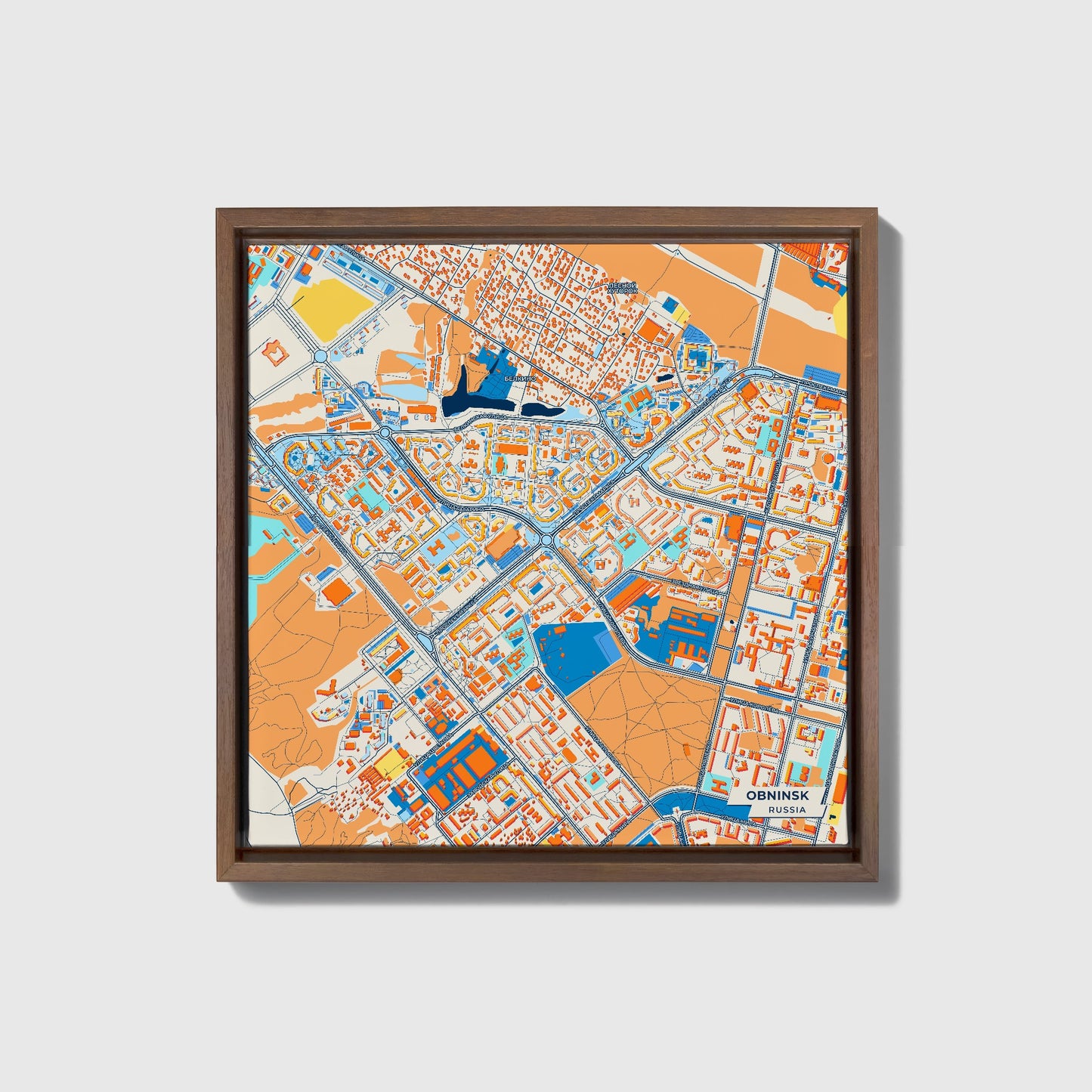 Обнинский Russia Colorful City Map Canvas Print • Dark Wooden Framed