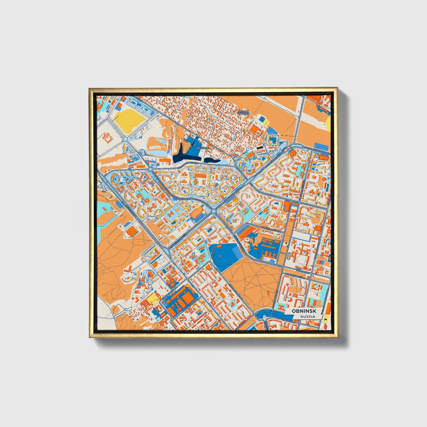 Обнинский Russia Colorful City Map Canvas Print • Gold Framed