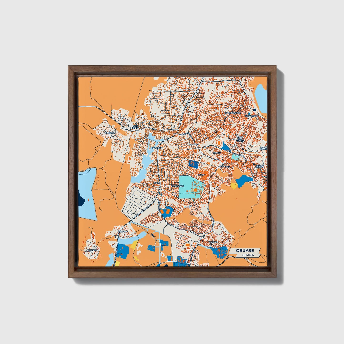 Obuase Ghana Colorful City Map Canvas Print • Dark Wooden Framed