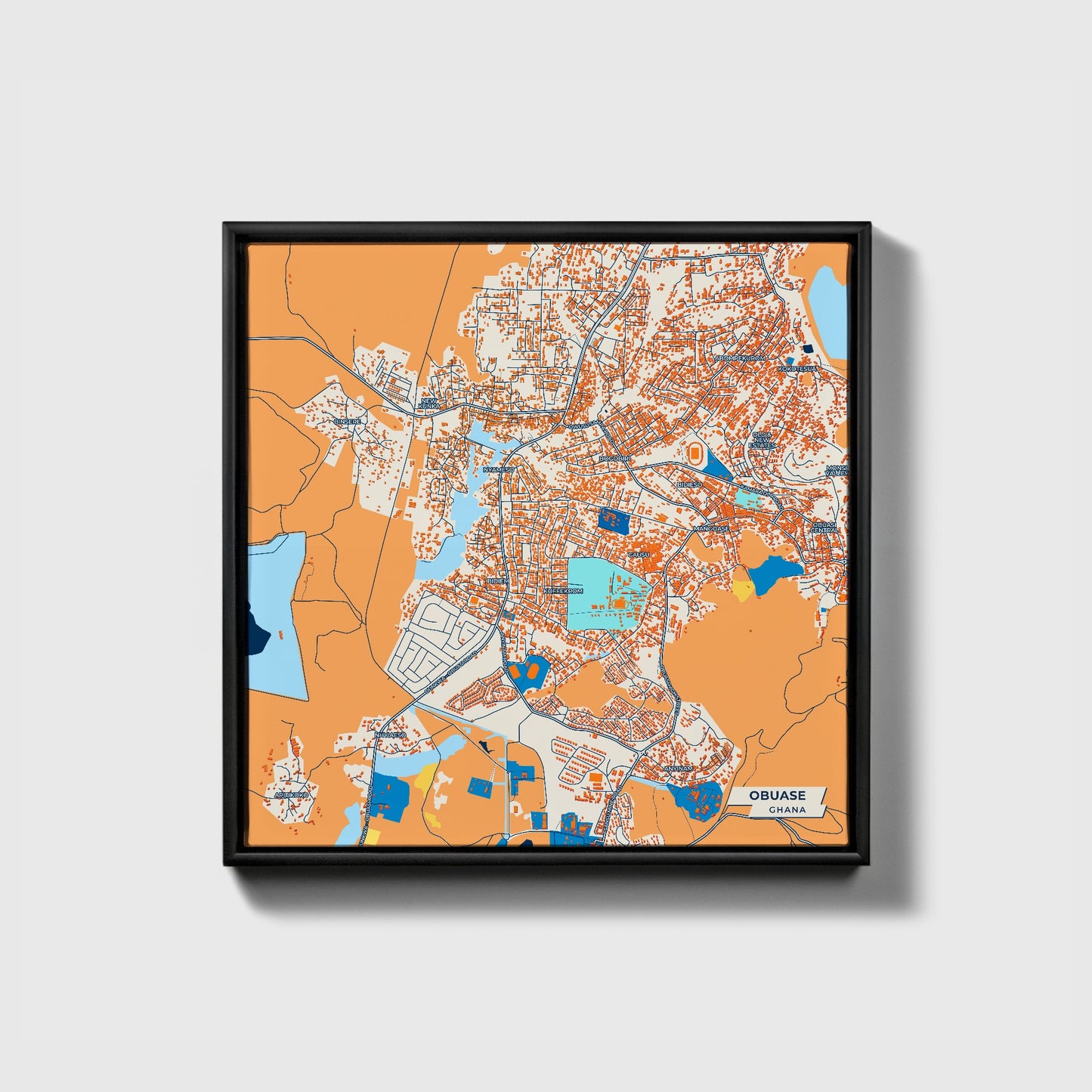 Obuase Ghana Colorful City Map Canvas Print • Black Framed