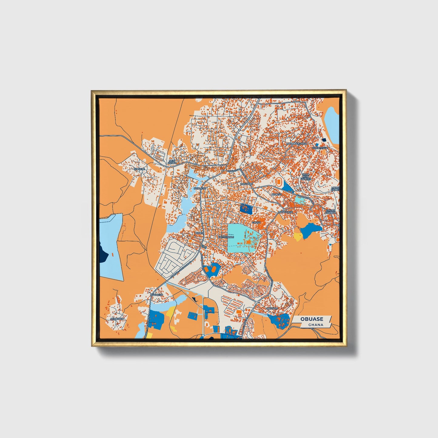 Obuase Ghana Colorful City Map Canvas Print • Gold Framed