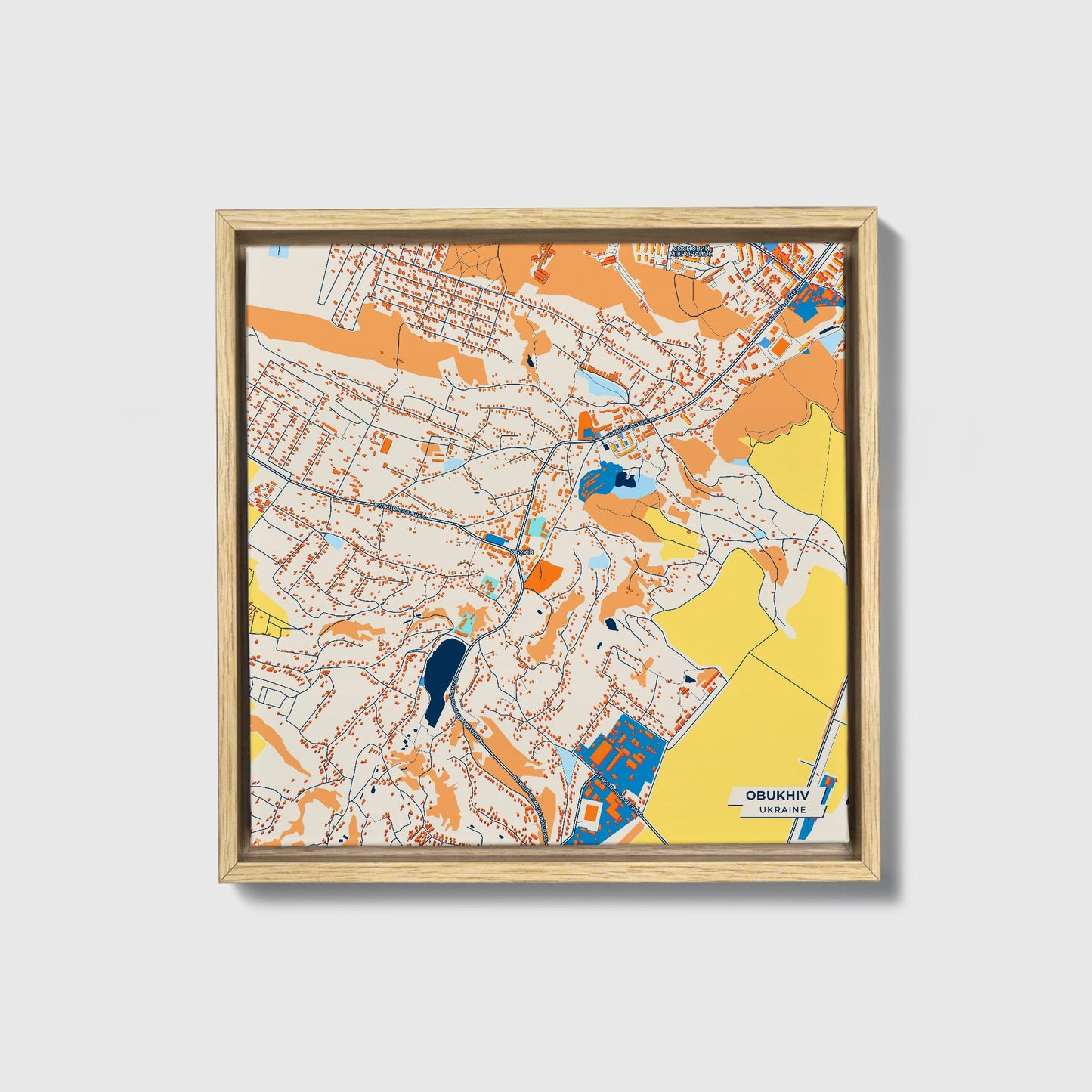 Обухів Ukraine Colorful City Map Canvas Print • Natural Wooden Framed
