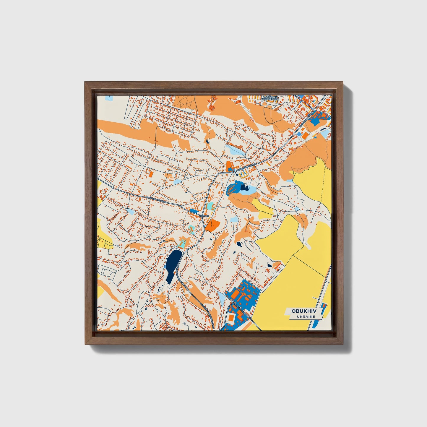 Обухів Ukraine Colorful City Map Canvas Print • Dark Wooden Framed