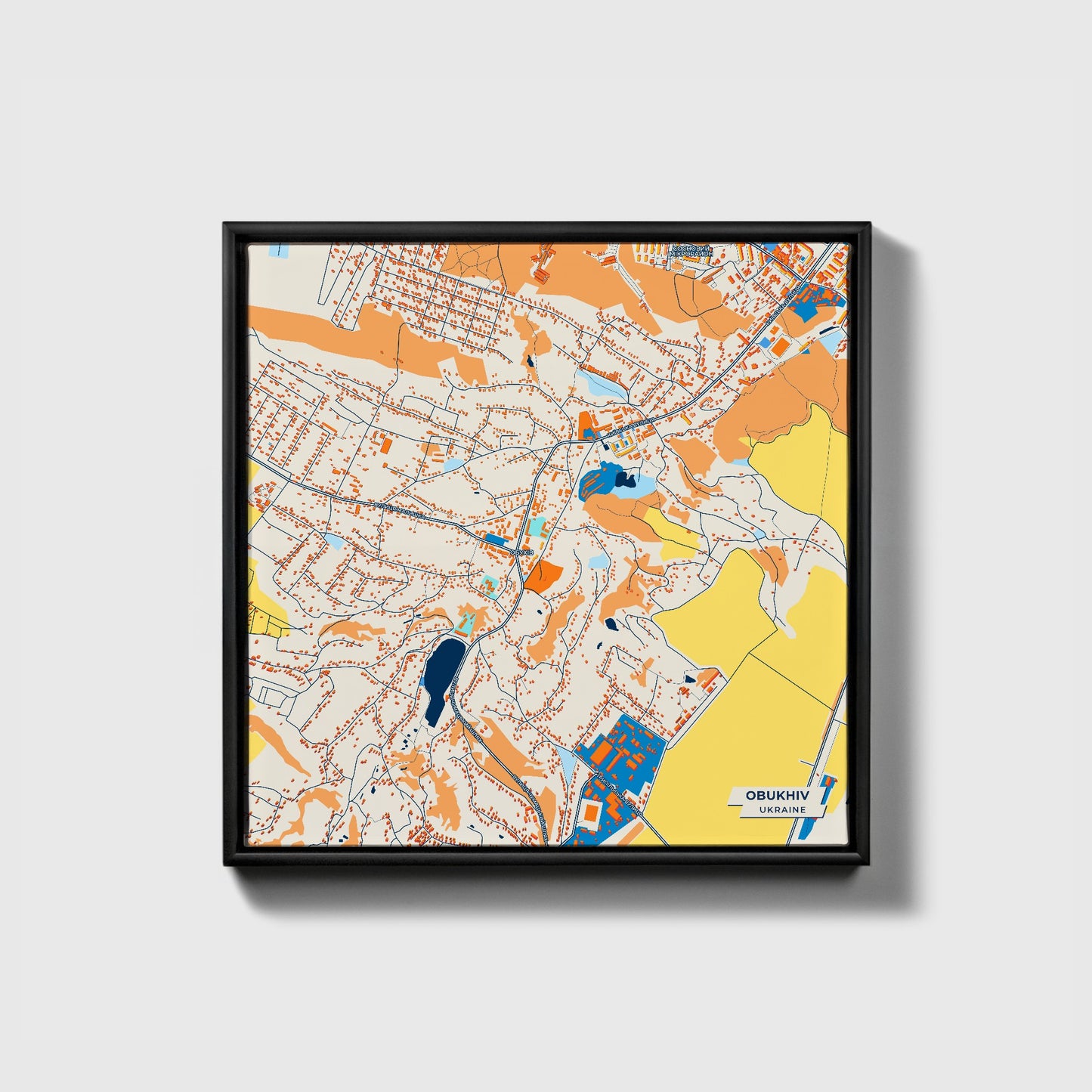 Обухів Ukraine Colorful City Map Canvas Print • Black Framed