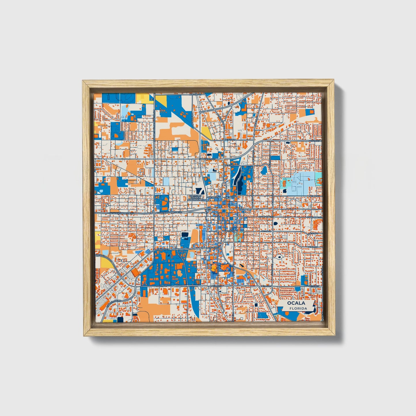 Ocala Florida Colorful City Map Canvas Print • Natural Wooden Framed