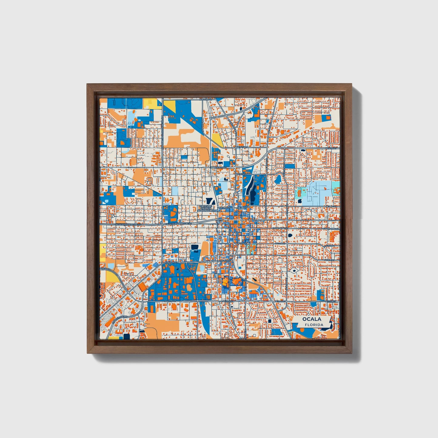 Ocala Florida Colorful City Map Canvas Print • Dark Wooden Framed