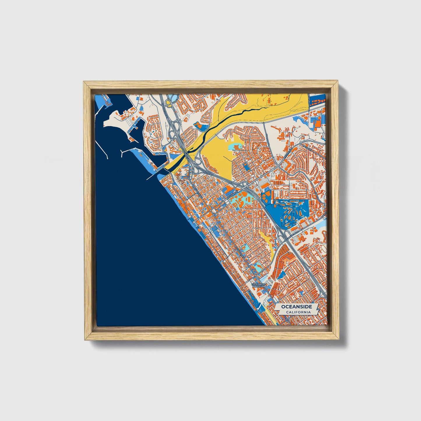 Oceanside California Colorful City Map Canvas Print • Natural Wooden Framed