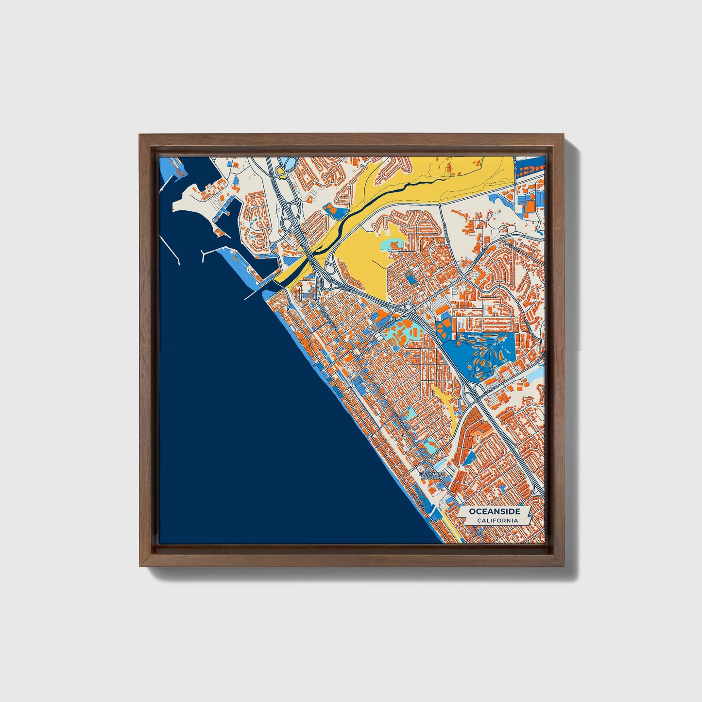 Oceanside California Colorful City Map Canvas Print • Dark Wooden Framed