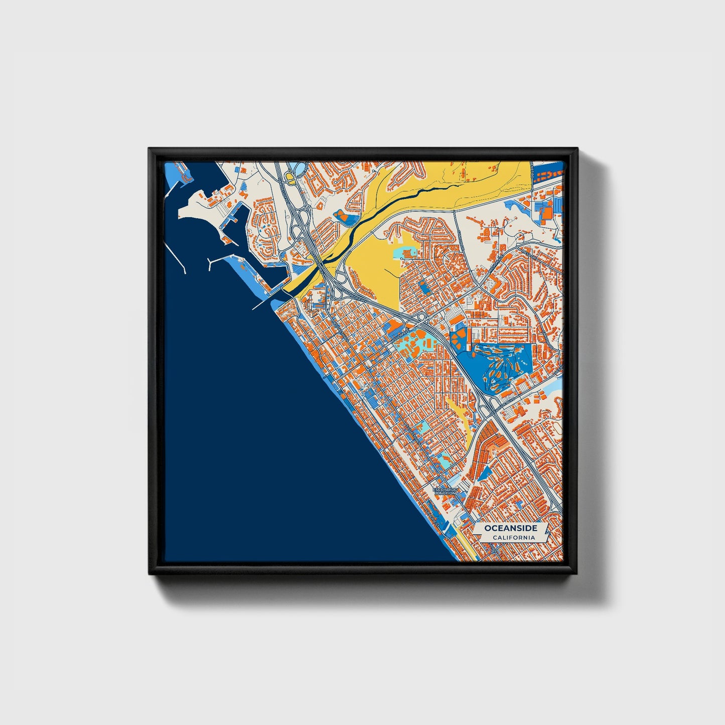 Oceanside California Colorful City Map Canvas Print • Black Framed