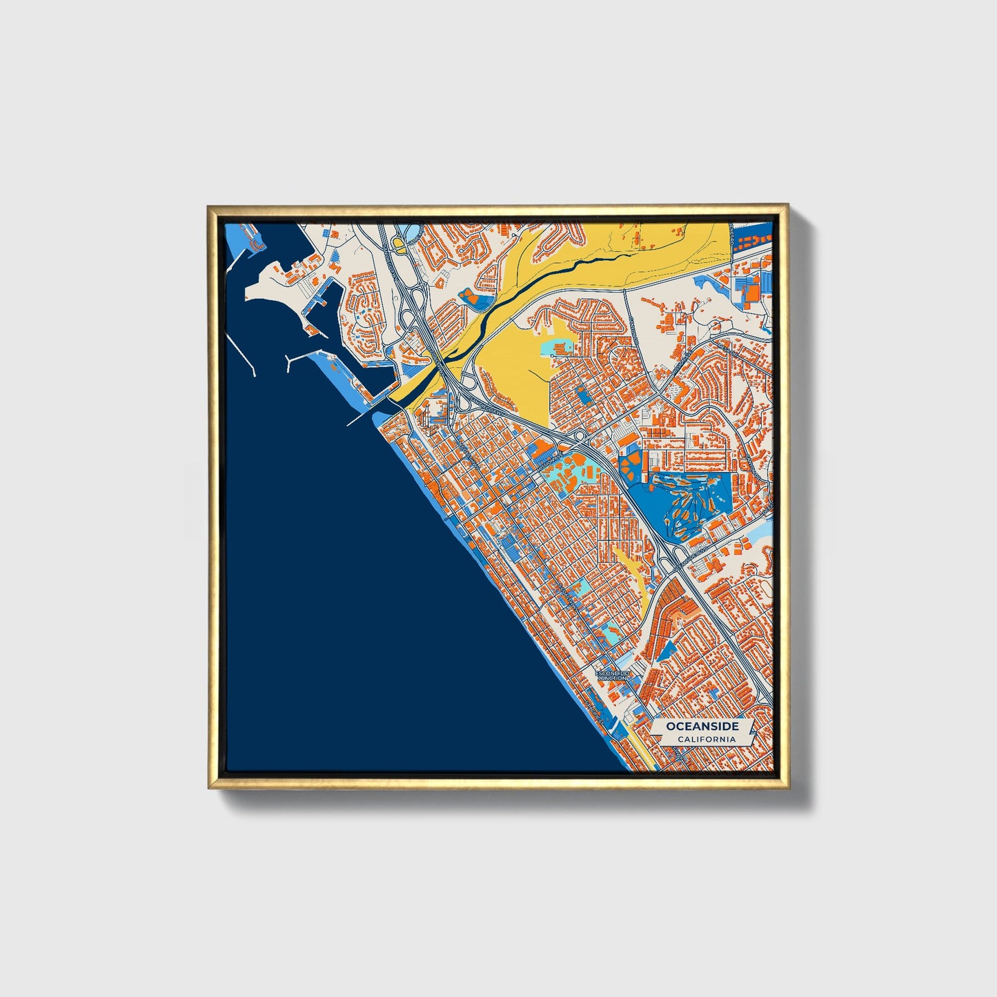 Oceanside California Colorful City Map Canvas Print • Gold Framed