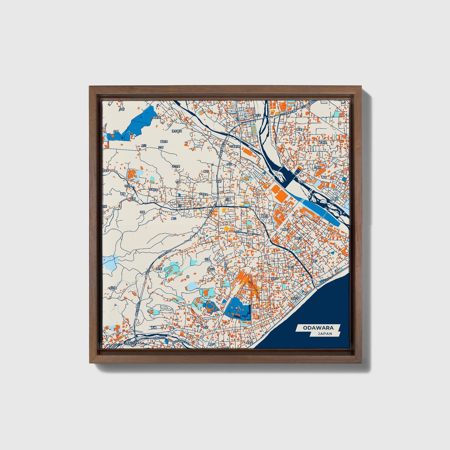 Odawara Japan Colorful City Map Canvas Print • Dark Wooden Framed