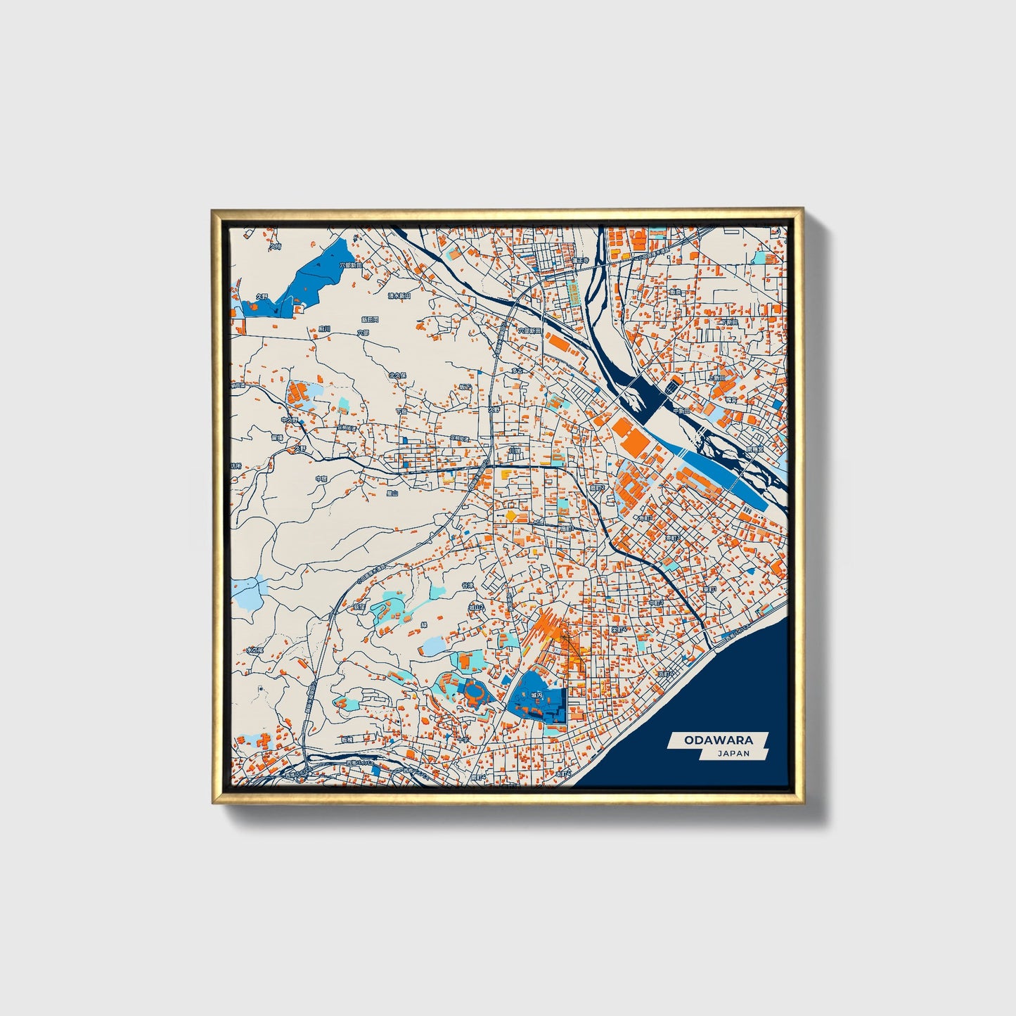 Odawara Japan Colorful City Map Canvas Print • Gold Framed