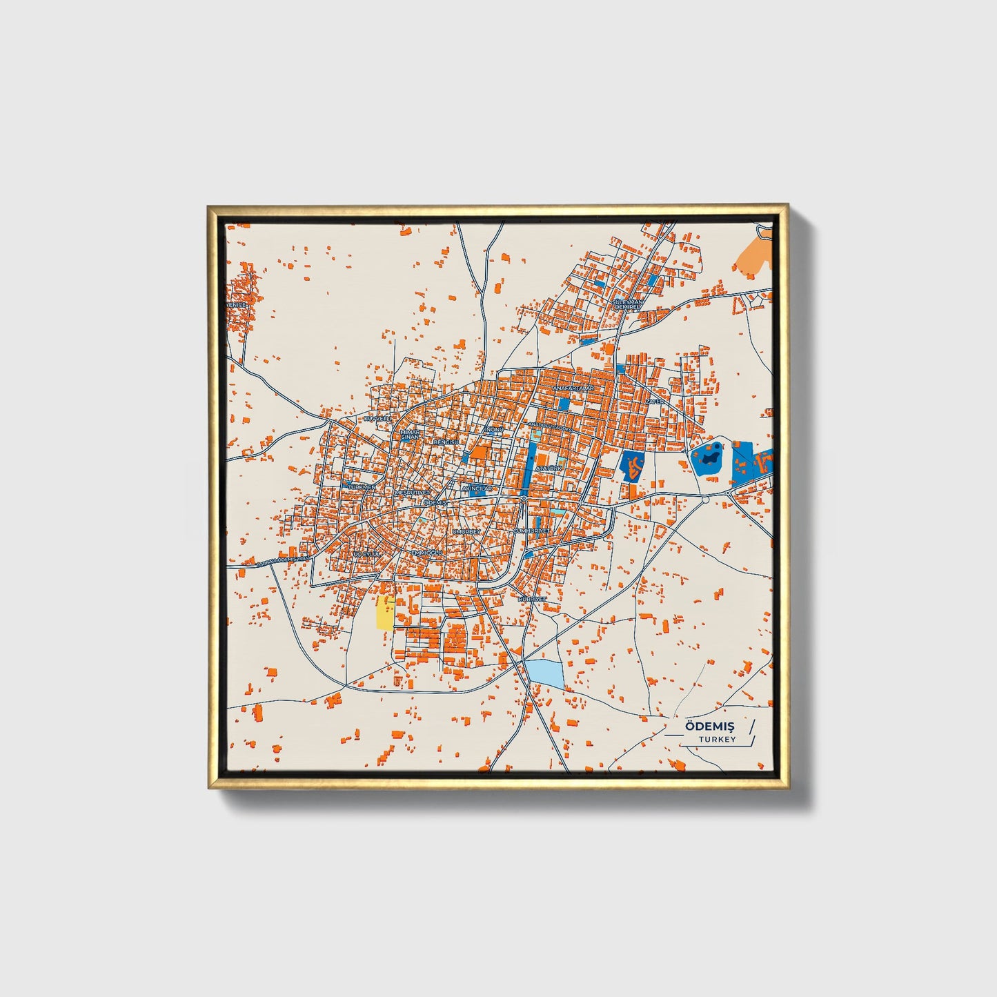 Ödemiş Turkey Colorful City Map Canvas Print • Gold Framed