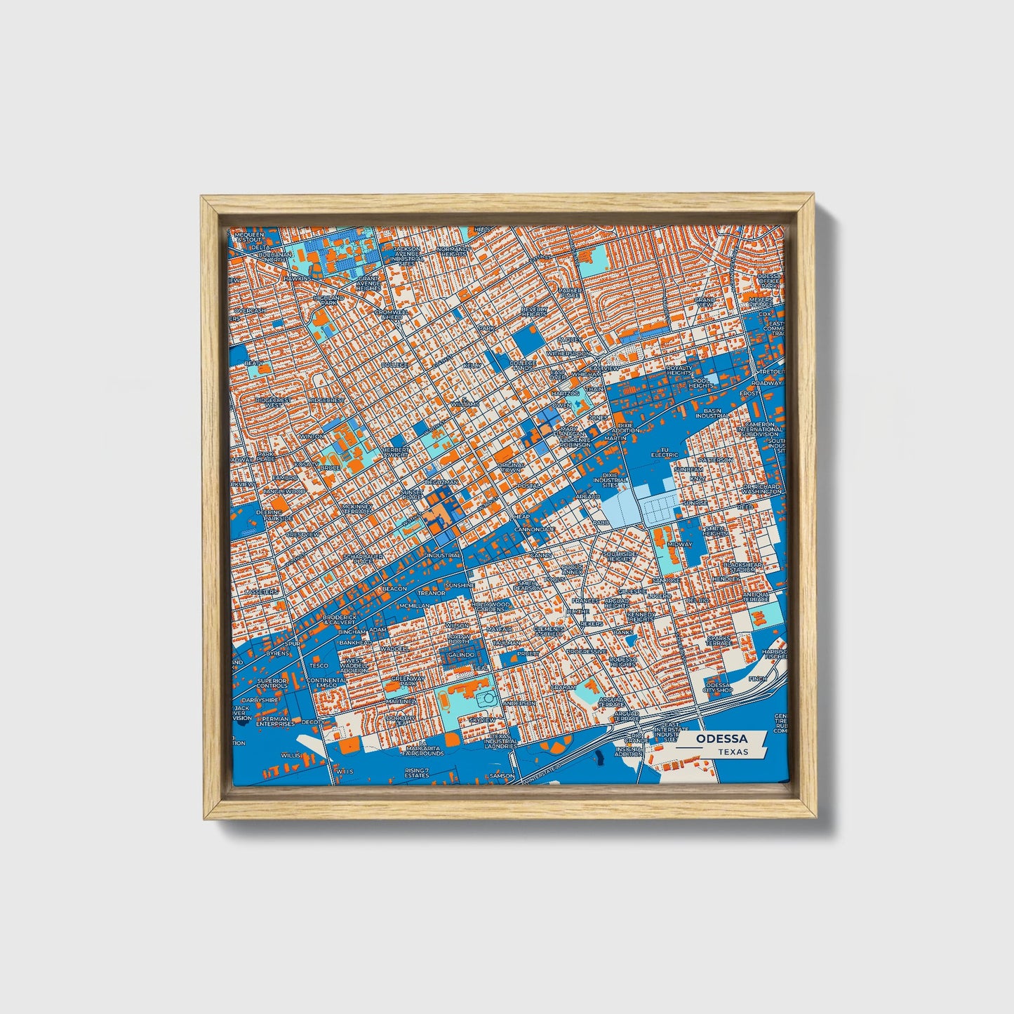 Odessa Texas Colorful City Map Canvas Print • Natural Wooden Framed