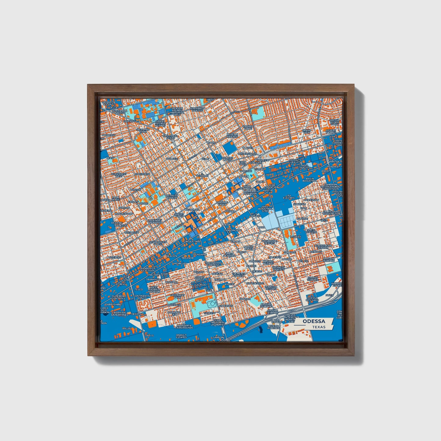 Odessa Texas Colorful City Map Canvas Print • Dark Wooden Framed