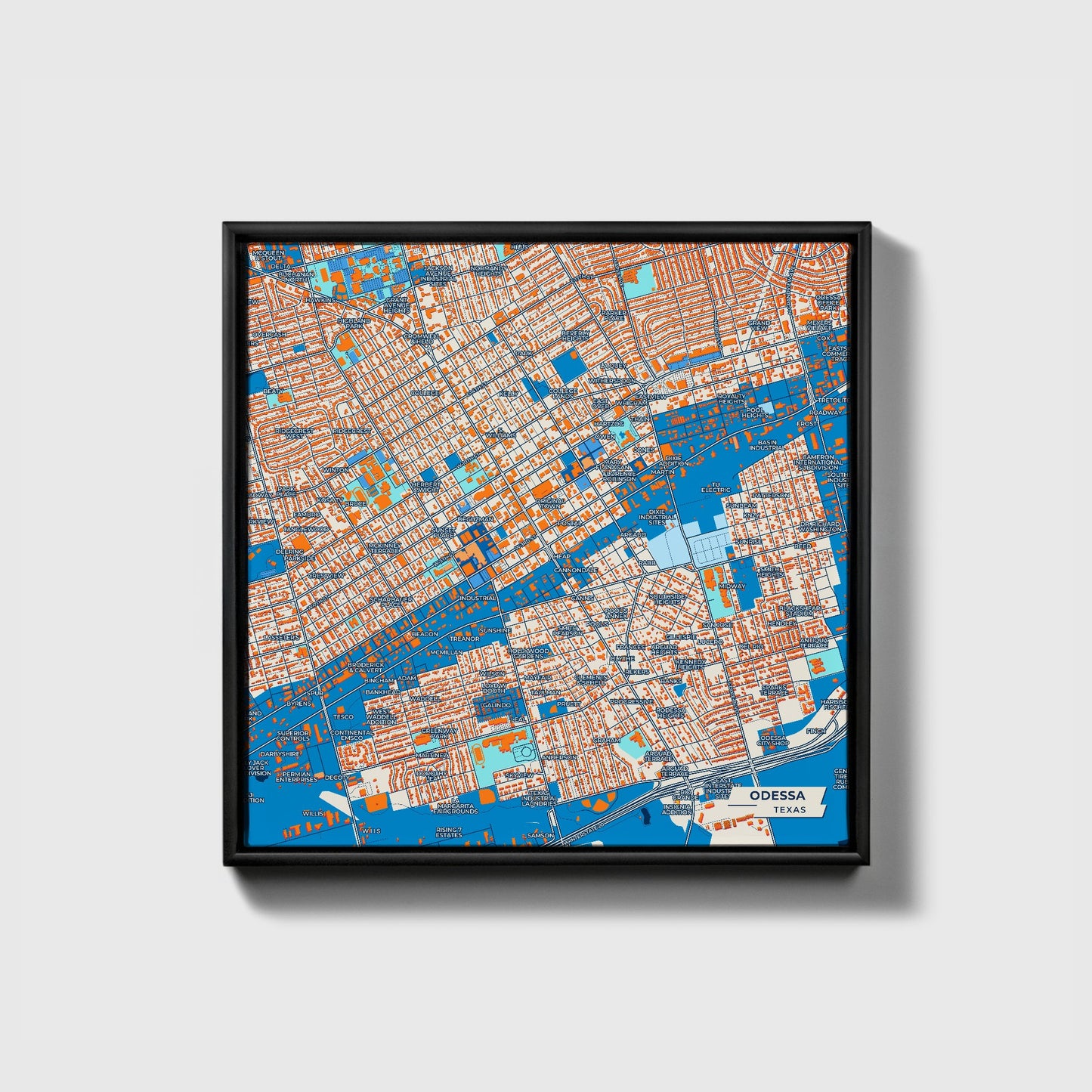 Odessa Texas Colorful City Map Canvas Print • Black Framed