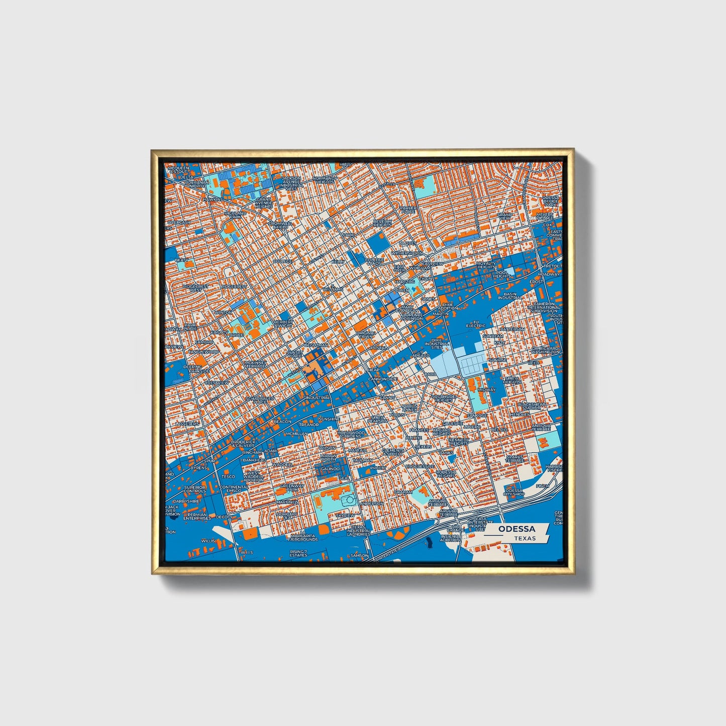 Odessa Texas Colorful City Map Canvas Print • Gold Framed
