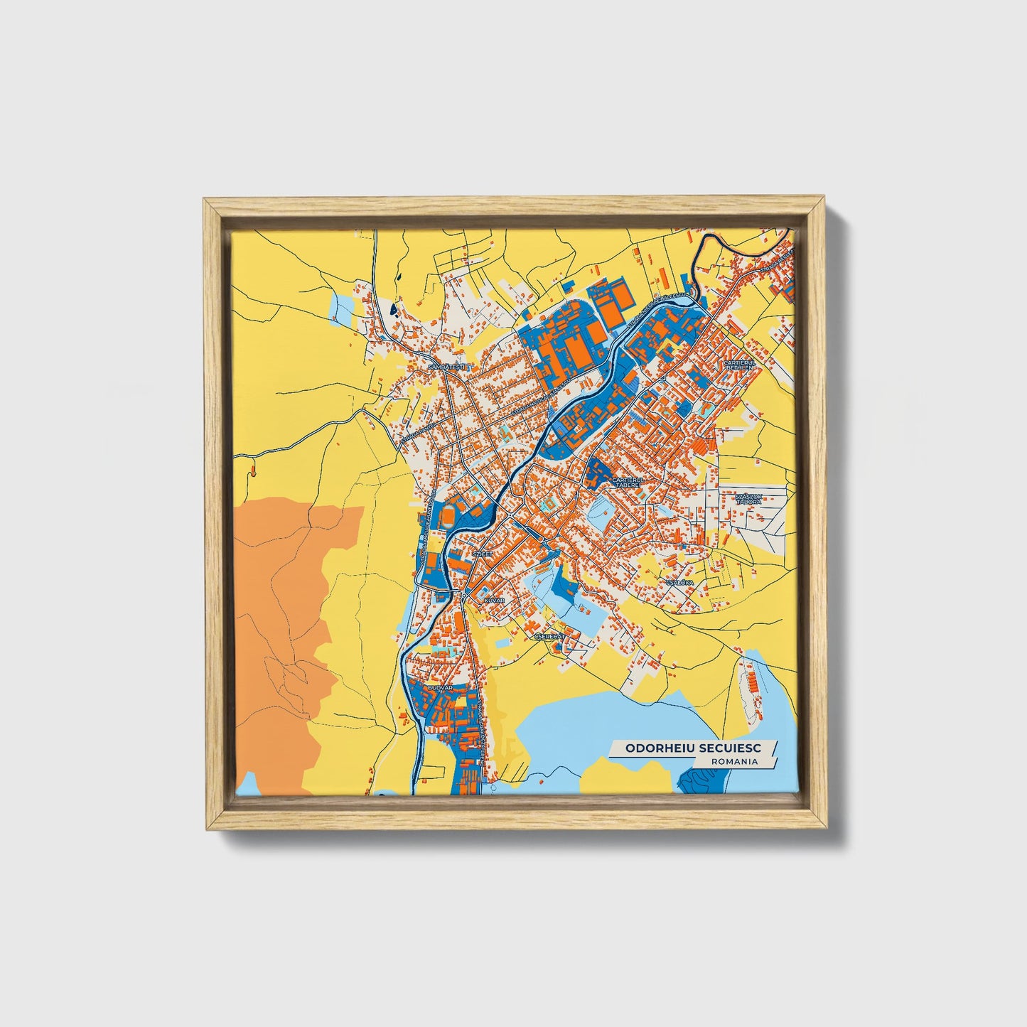 Odorheiu Secuiesc Romania Colorful City Map Canvas Print • Natural Wooden Framed