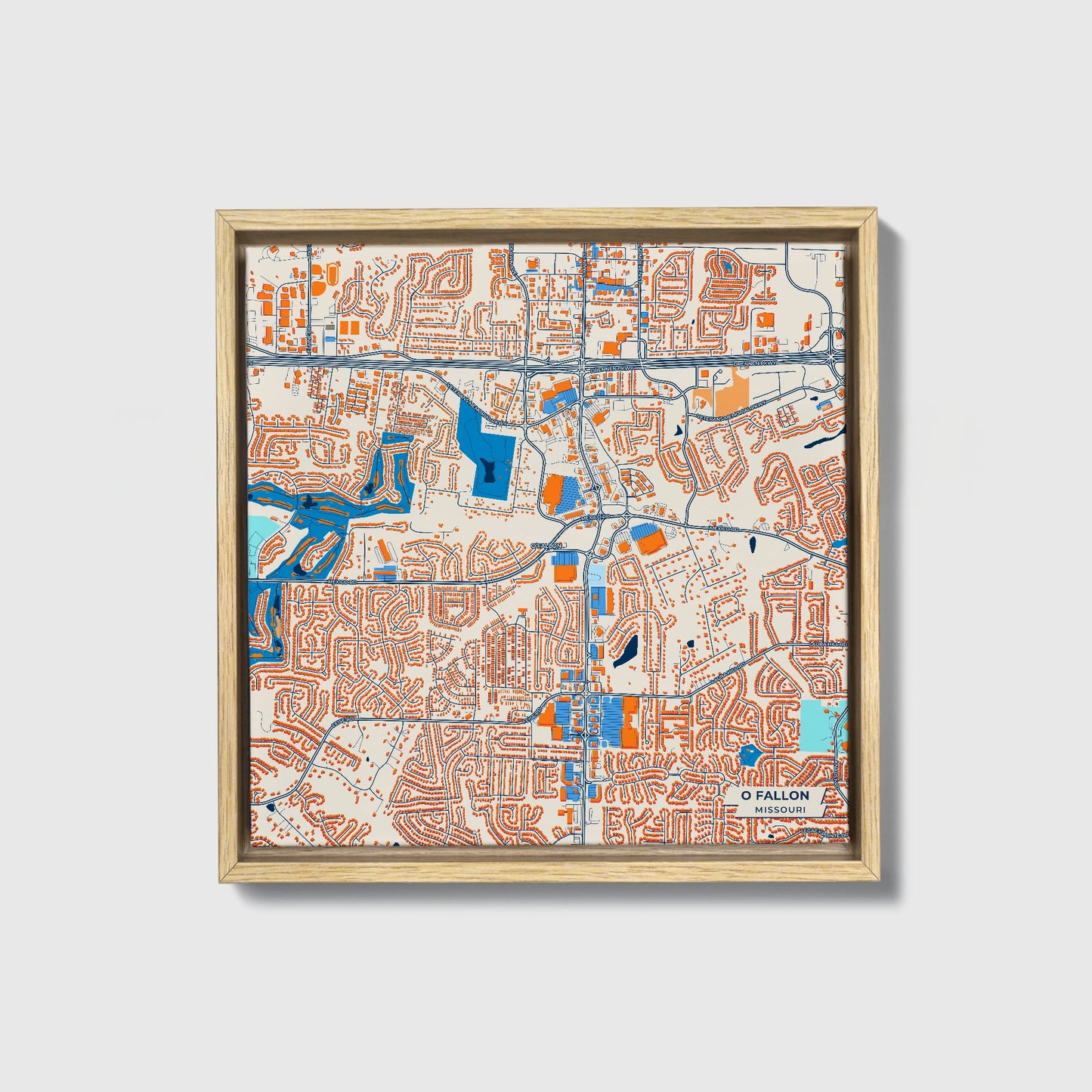 O Fallon Missouri Colorful City Map Canvas Print • Natural Wooden Framed