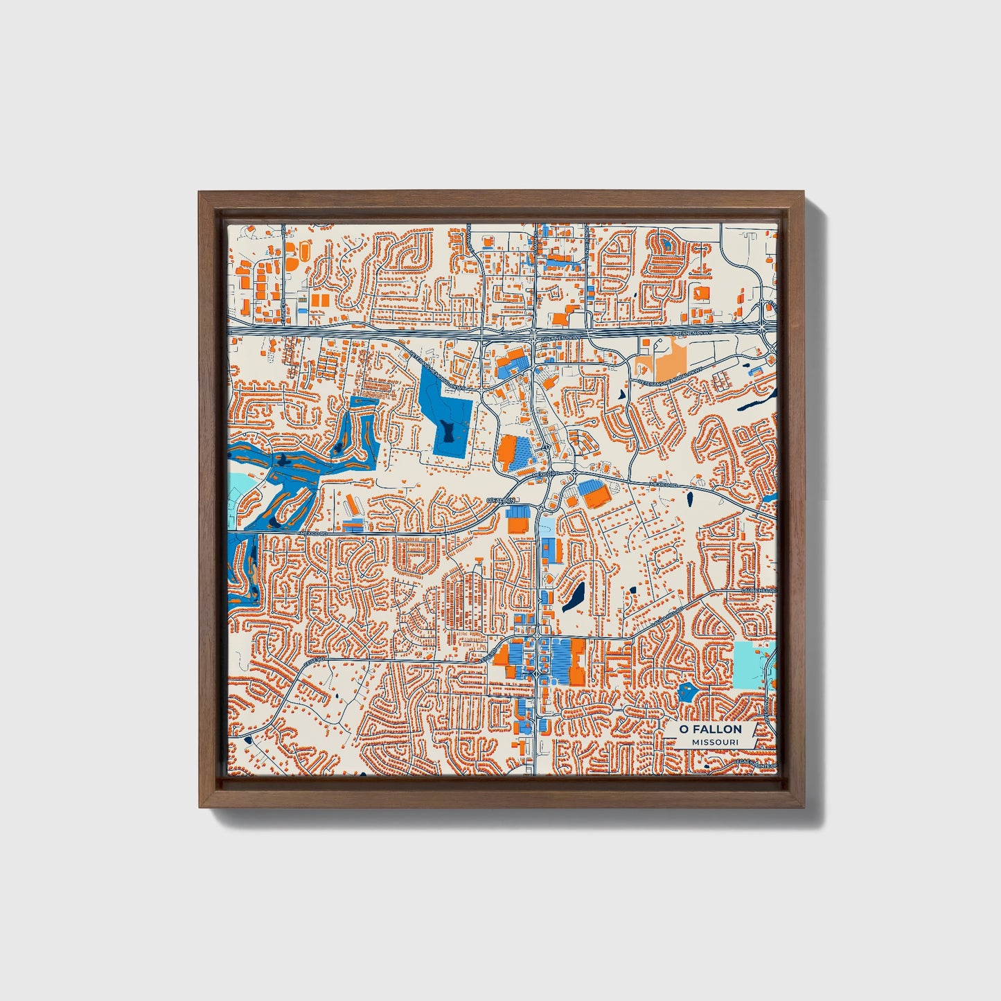 O Fallon Missouri Colorful City Map Canvas Print • Dark Wooden Framed