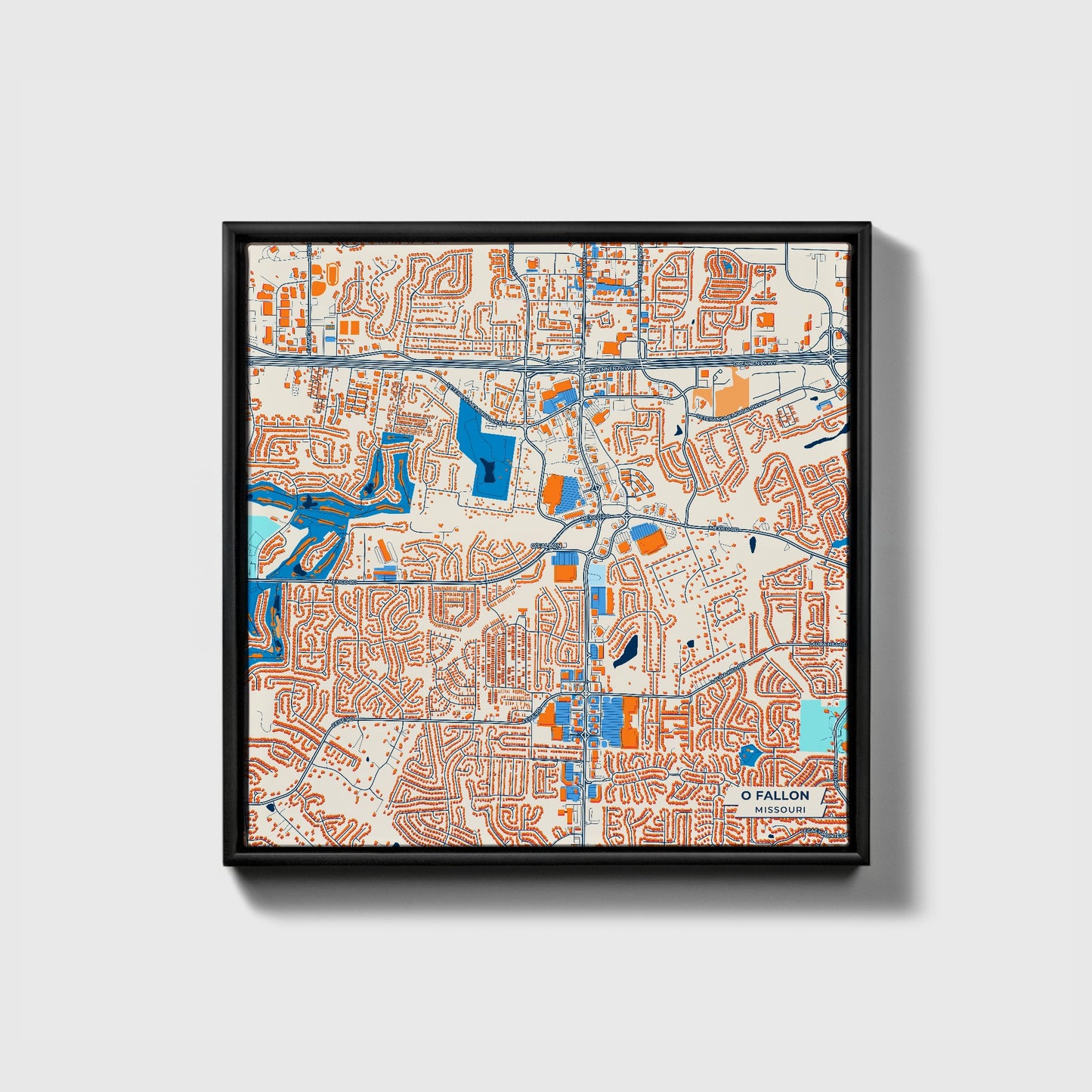 O Fallon Missouri Colorful City Map Canvas Print • Black Framed