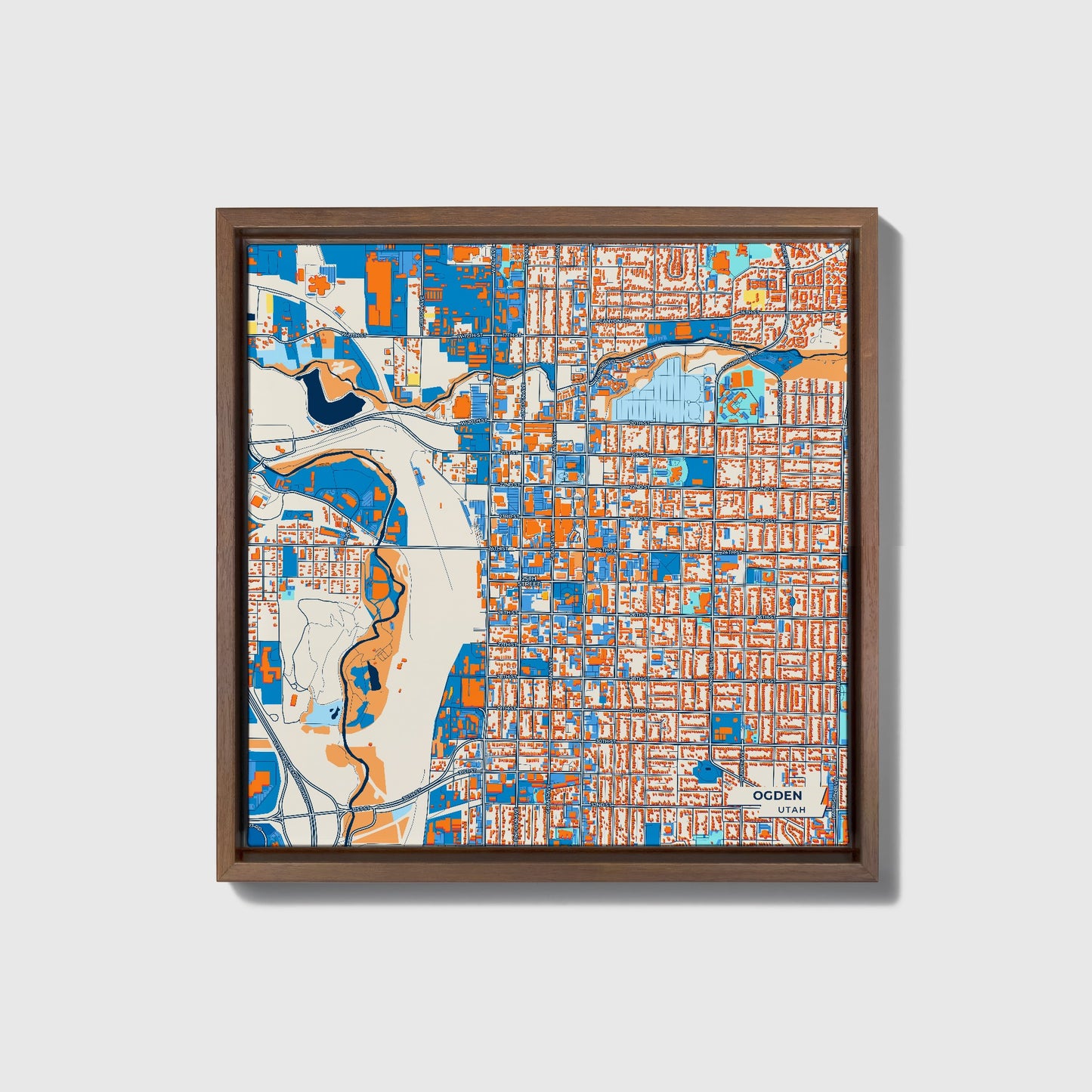 Ogden Utah Colorful City Map Canvas Print • Dark Wooden Framed