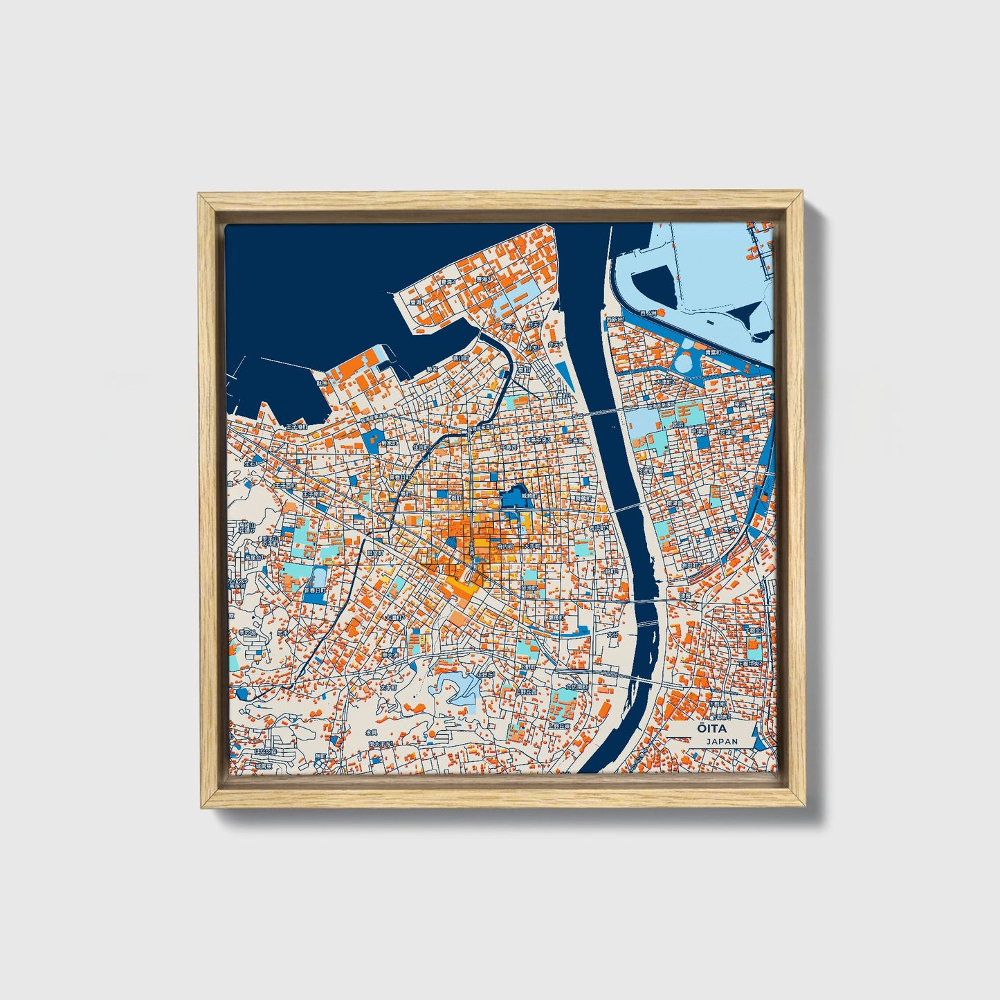 Ōita Japan Colorful City Map Canvas Print • Natural Wooden Framed